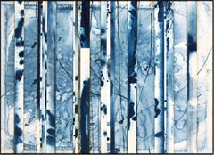 Indigo (5) (abstract landscape, tree trunks, branches, patterns, blue/tan/white)