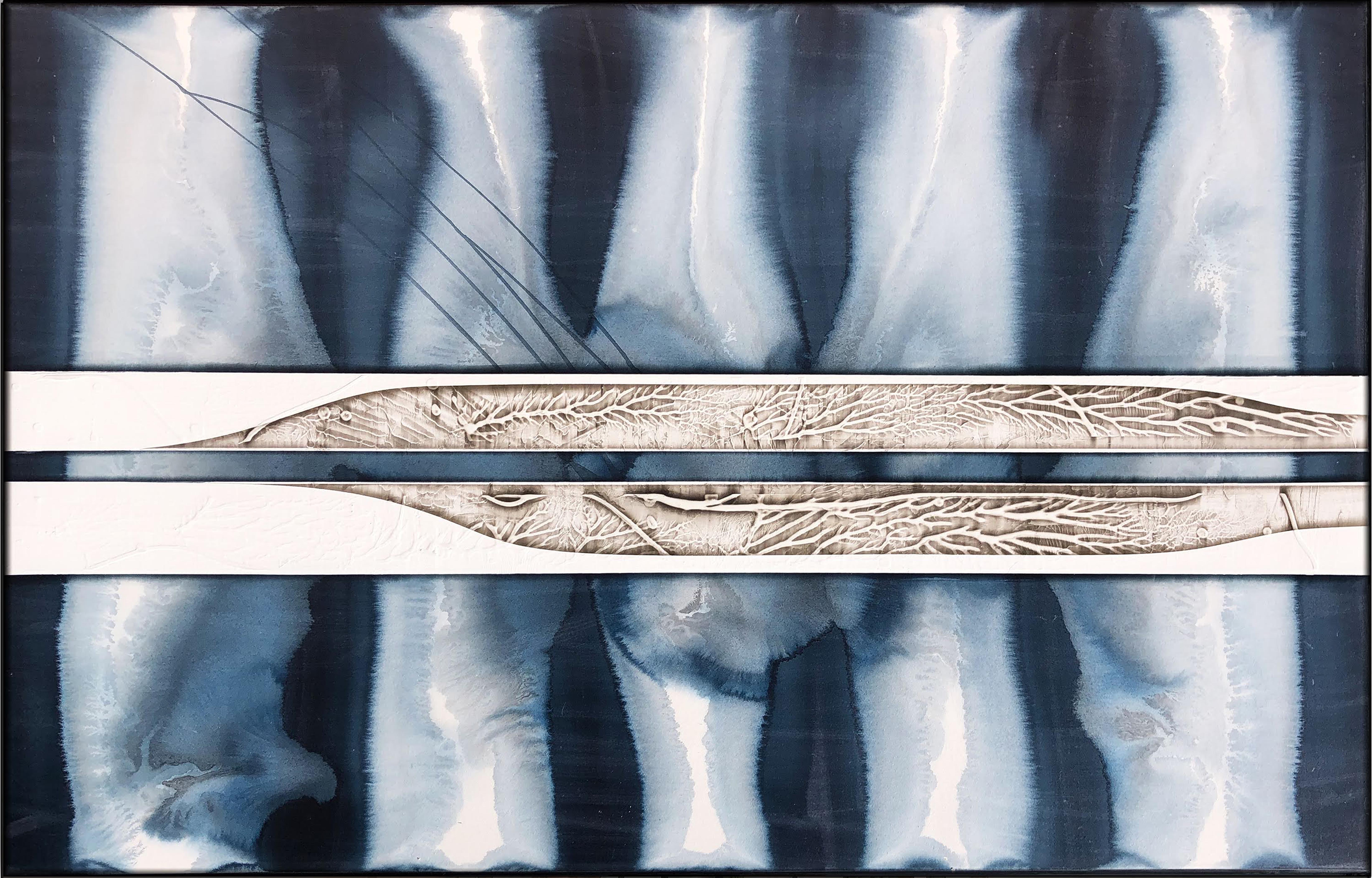 Rippled (1) (abstract landscape, trunks & branches, patterns, blues, white, tan) - Mixed Media Art by Michael Kessler