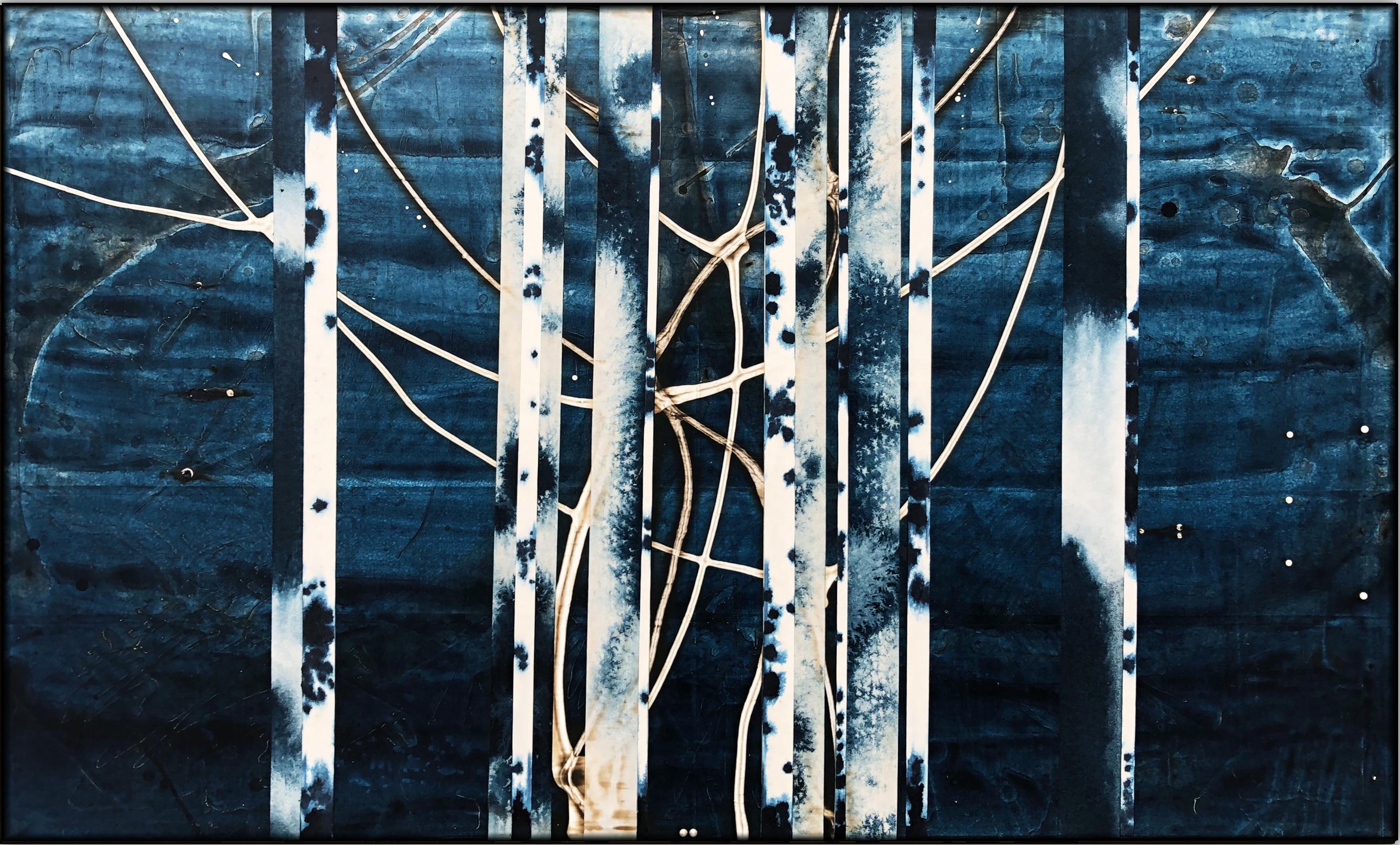 Michael Kessler Abstract Painting - Aspenfield (26) (Blue, white, trees, abstract)