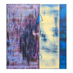 "Studio 1" Pintura abstracta contemporánea gestual morada, azul y crema