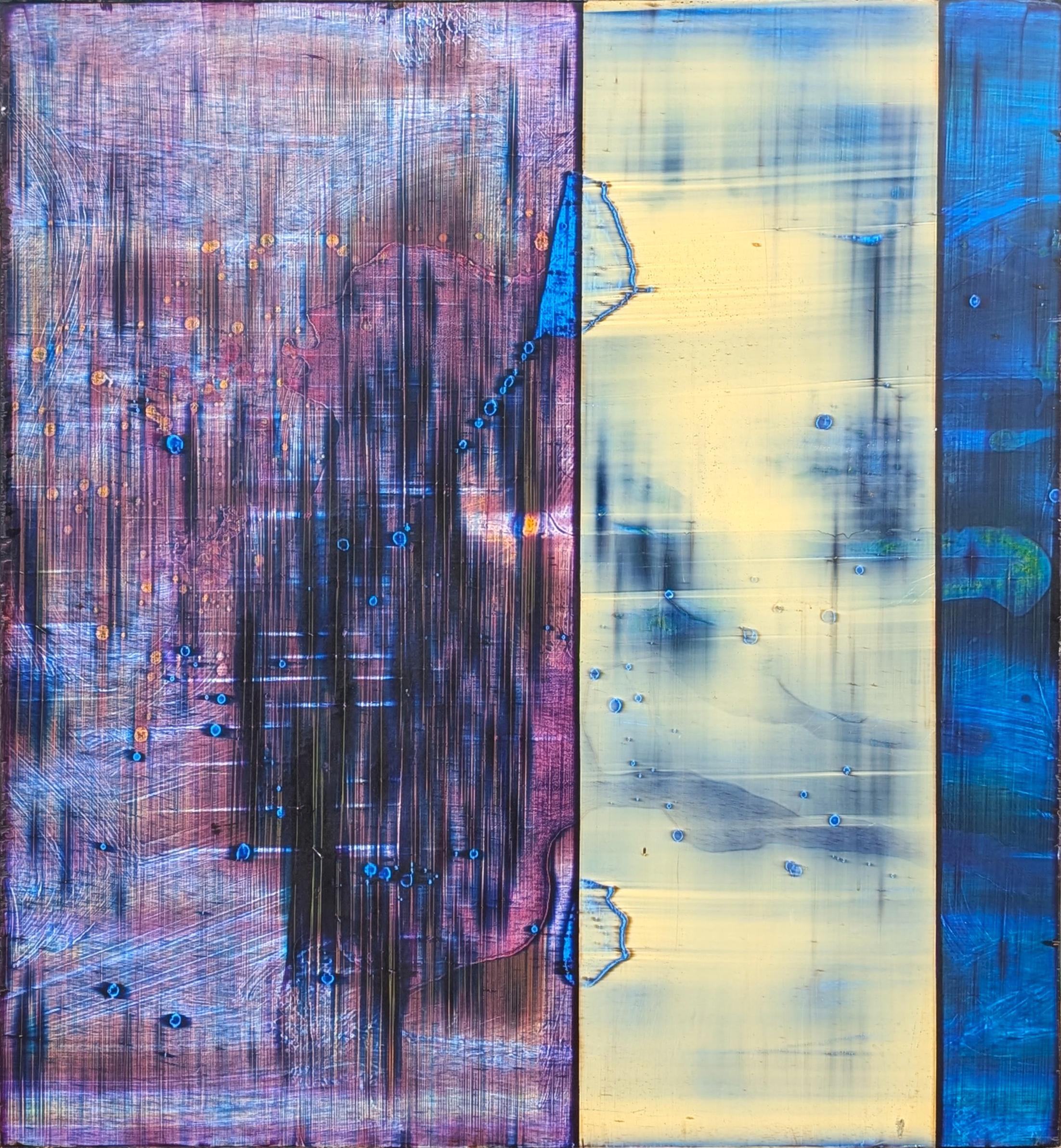 Contemporary gestural purple, blue, and cream abstract painting by American artist Michael Kessler. The work consists of many very thin layers of paint that are built up to reveal the passage of time and document the process of the painting's own