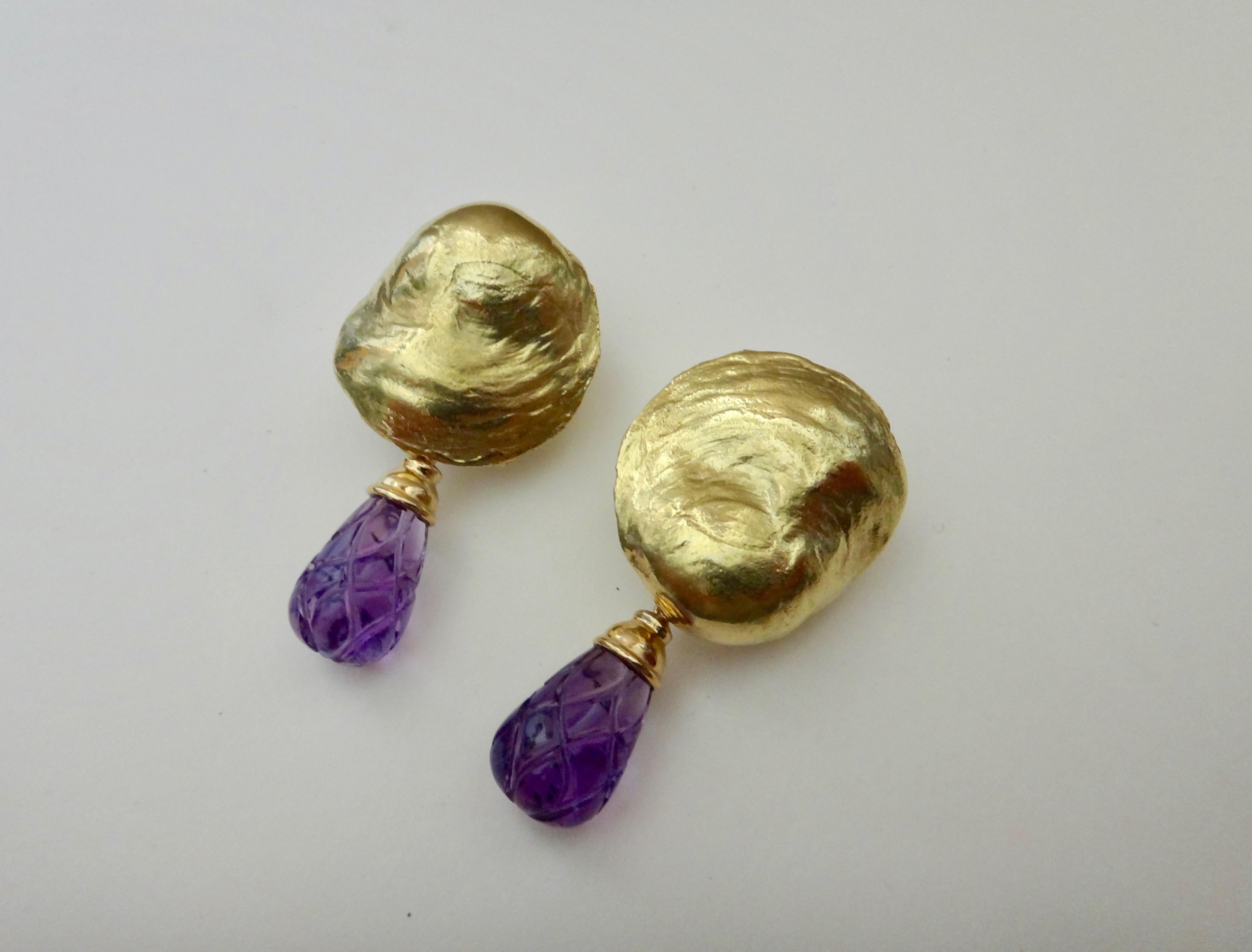 Offered are these Jingle shell earrings with removable carved amethyst drops.  
