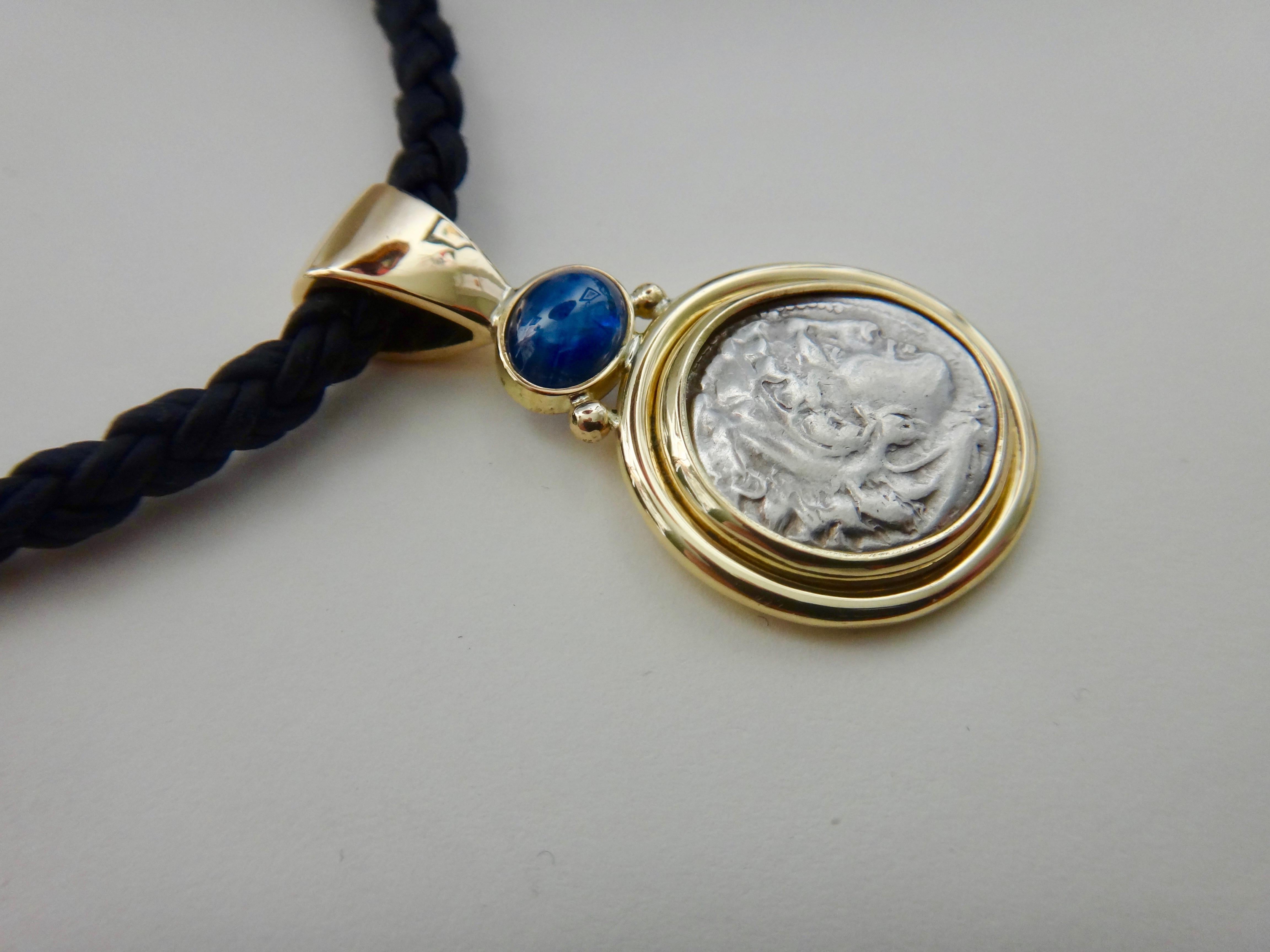 Contemporary Michael Kneebone Alexander The Great Coin Blue Sapphire Pendant For Sale