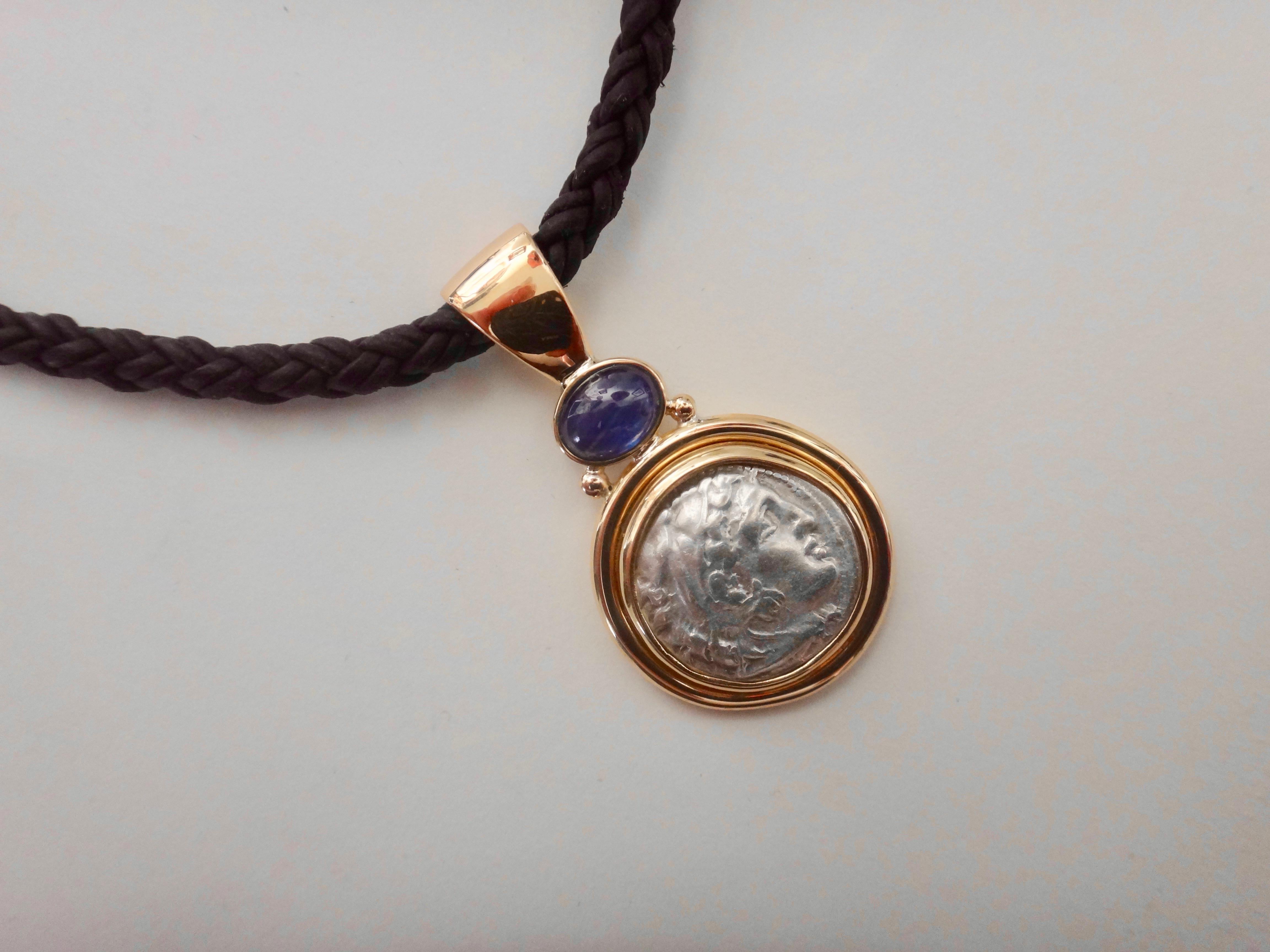 Cabochon Michael Kneebone Alexander The Great Coin Blue Sapphire Pendant For Sale