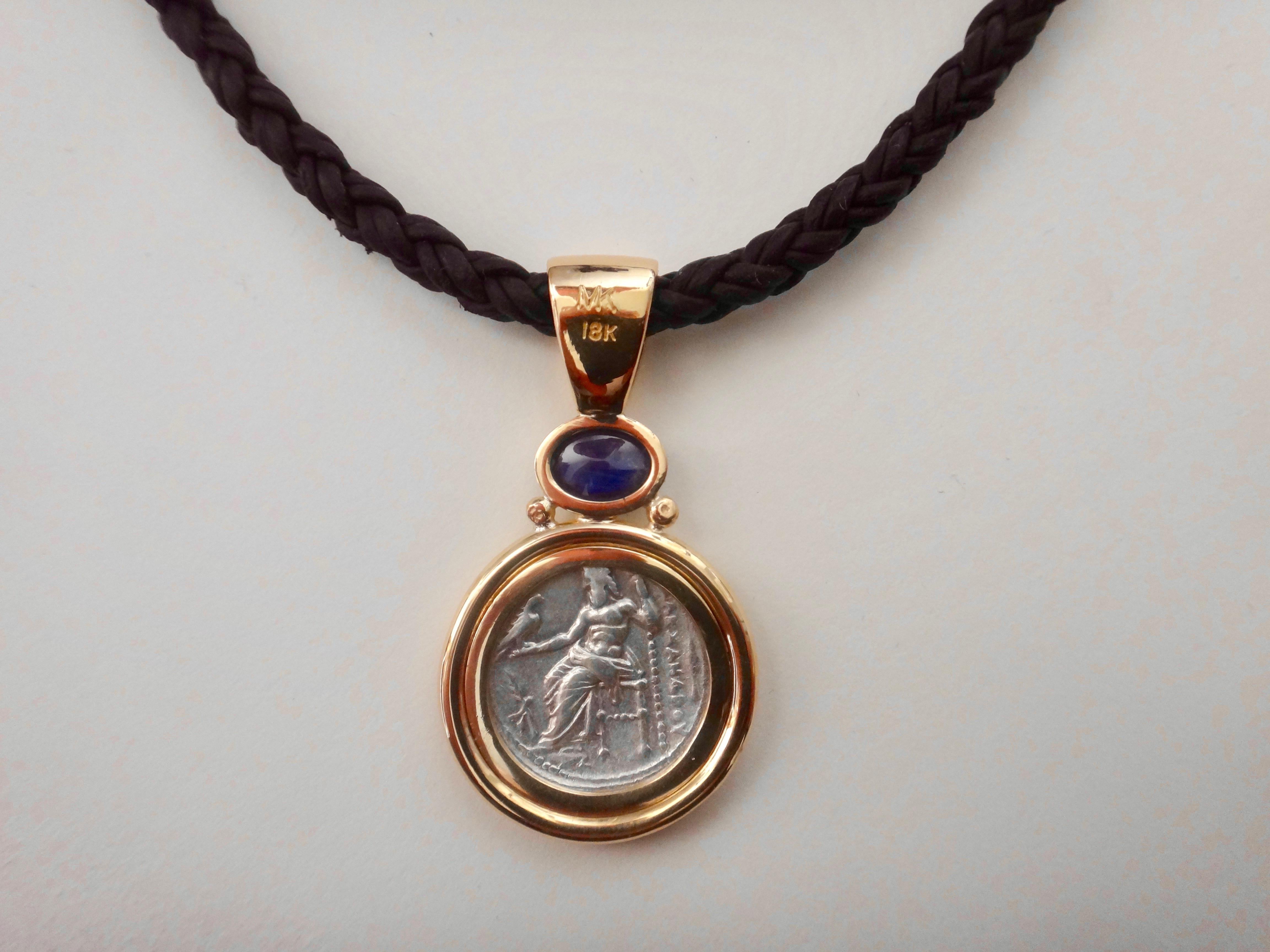 Michael Kneebone Alexander The Great Coin Blue Sapphire Pendant In New Condition For Sale In Austin, TX