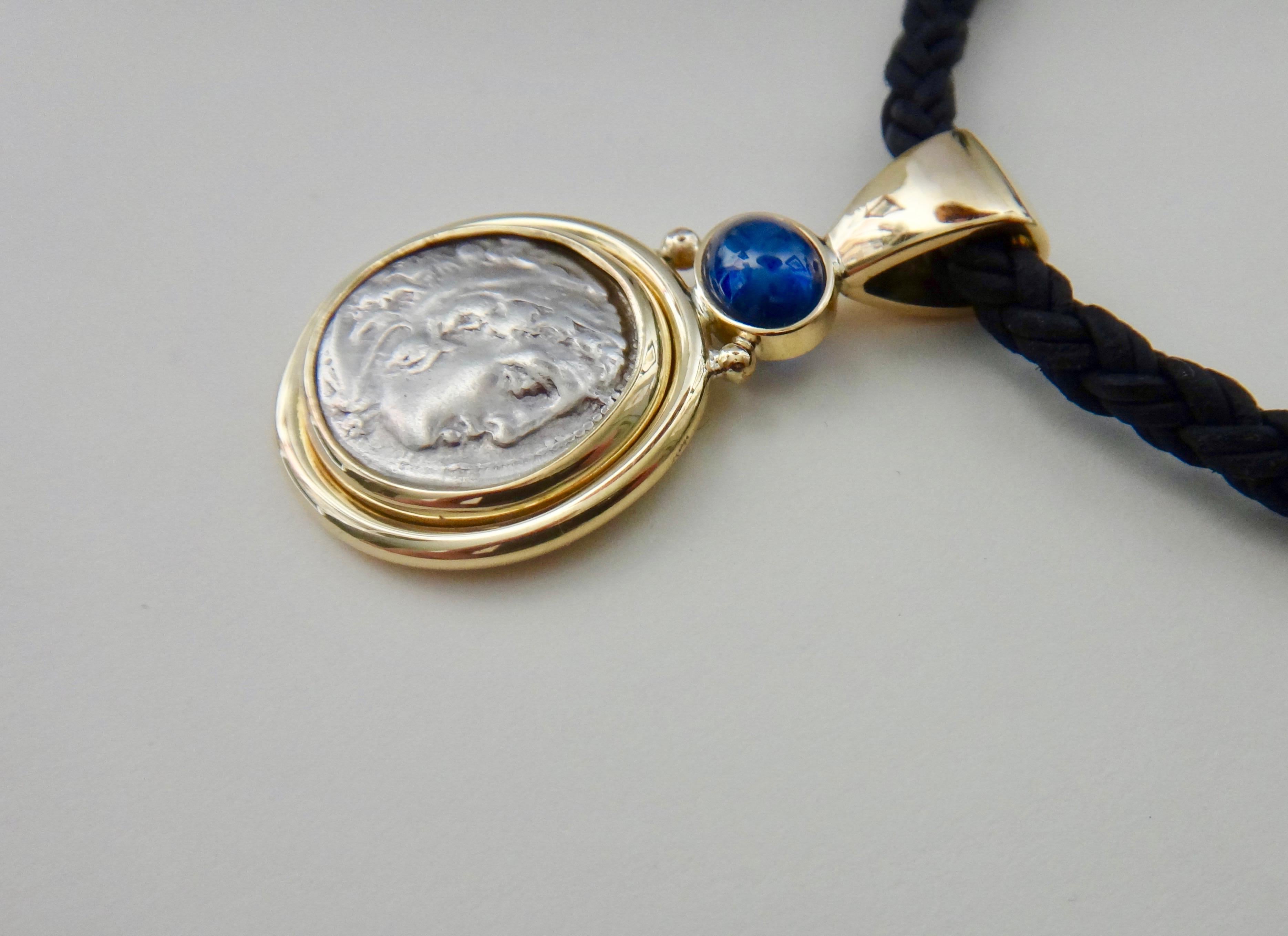 Women's or Men's Michael Kneebone Alexander The Great Coin Blue Sapphire Pendant For Sale