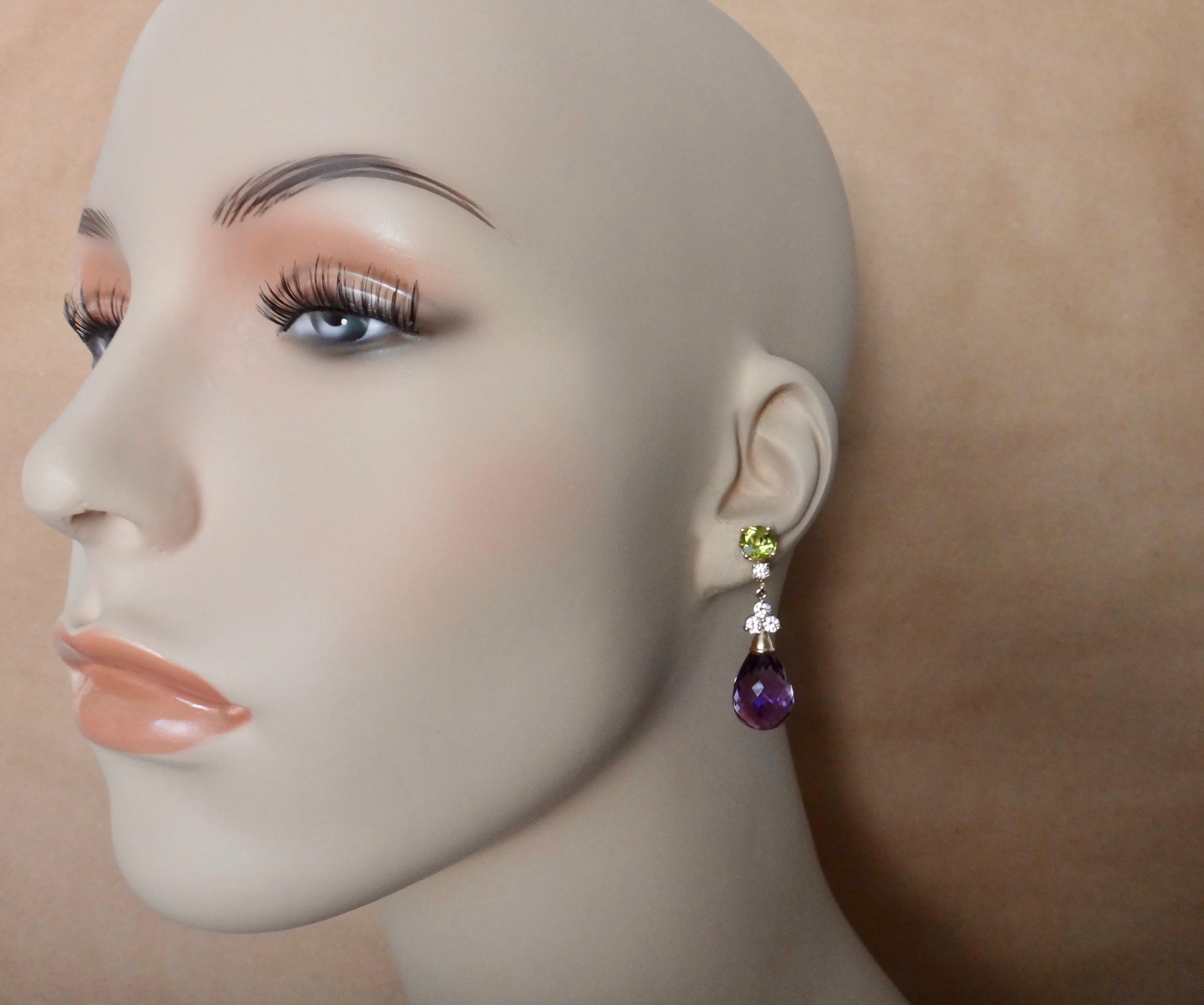 Contemporary Michael Kneebone Amethyst Briolette Diamond Peridot Dangle Earrings