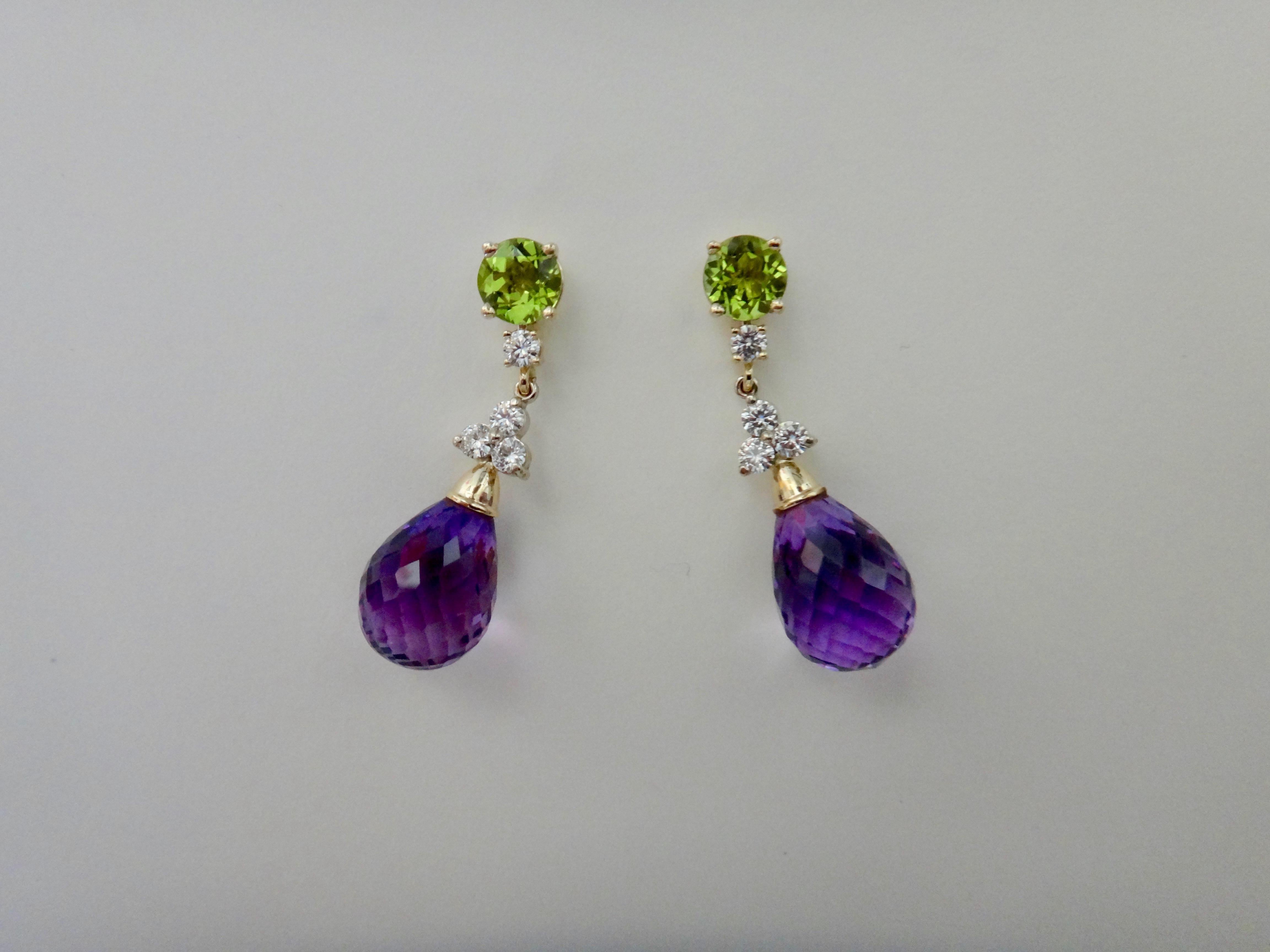 Michael Kneebone Amethyst Briolette Diamond Peridot Dangle Earrings In New Condition In Austin, TX