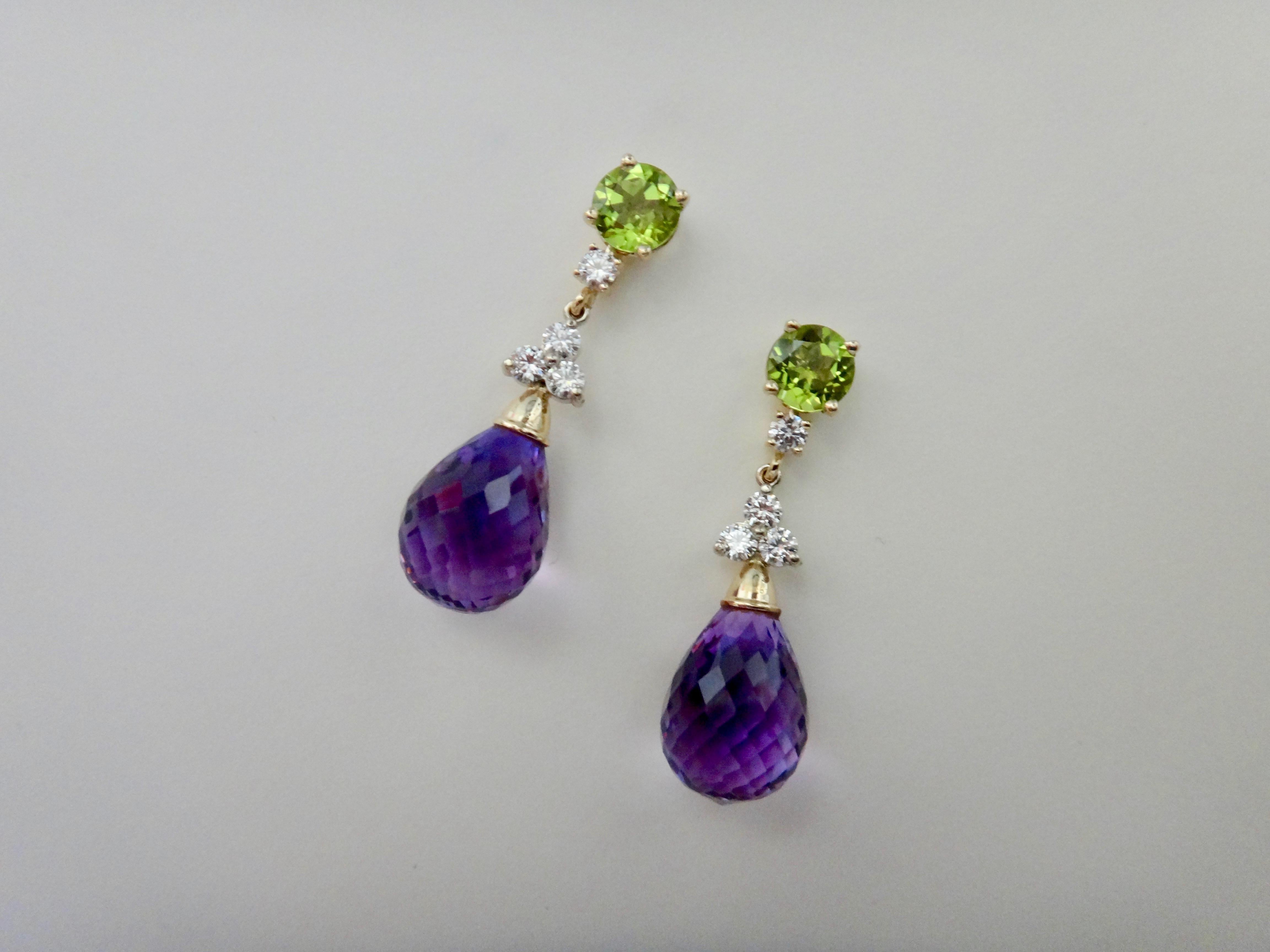 Michael Kneebone Amethyst Briolette Diamond Peridot Dangle Earrings 1