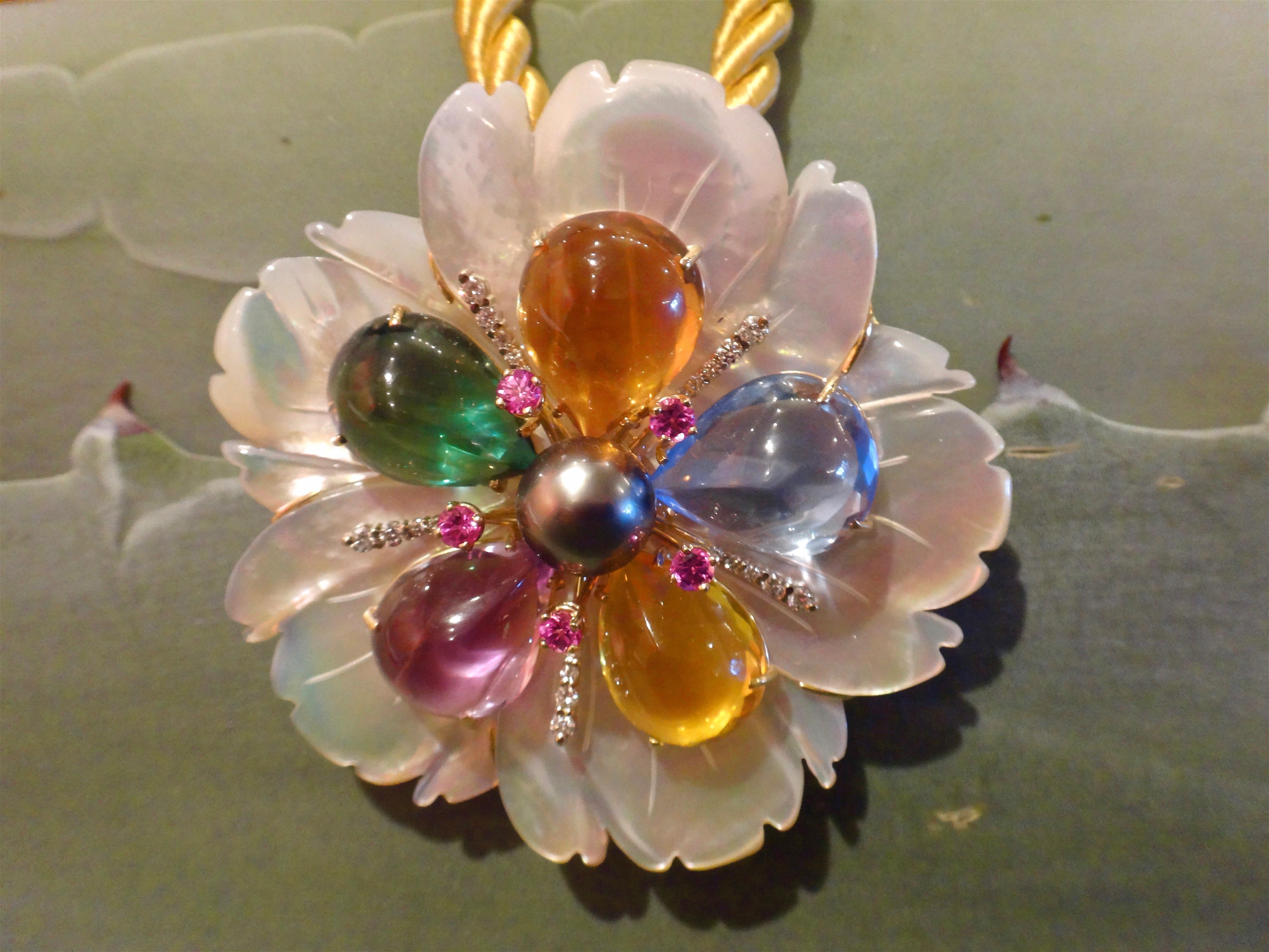 Contemporary Michael Kneebone Amethyst Citrine Topaz Pink Sapphire Diamond Flower Pendant For Sale