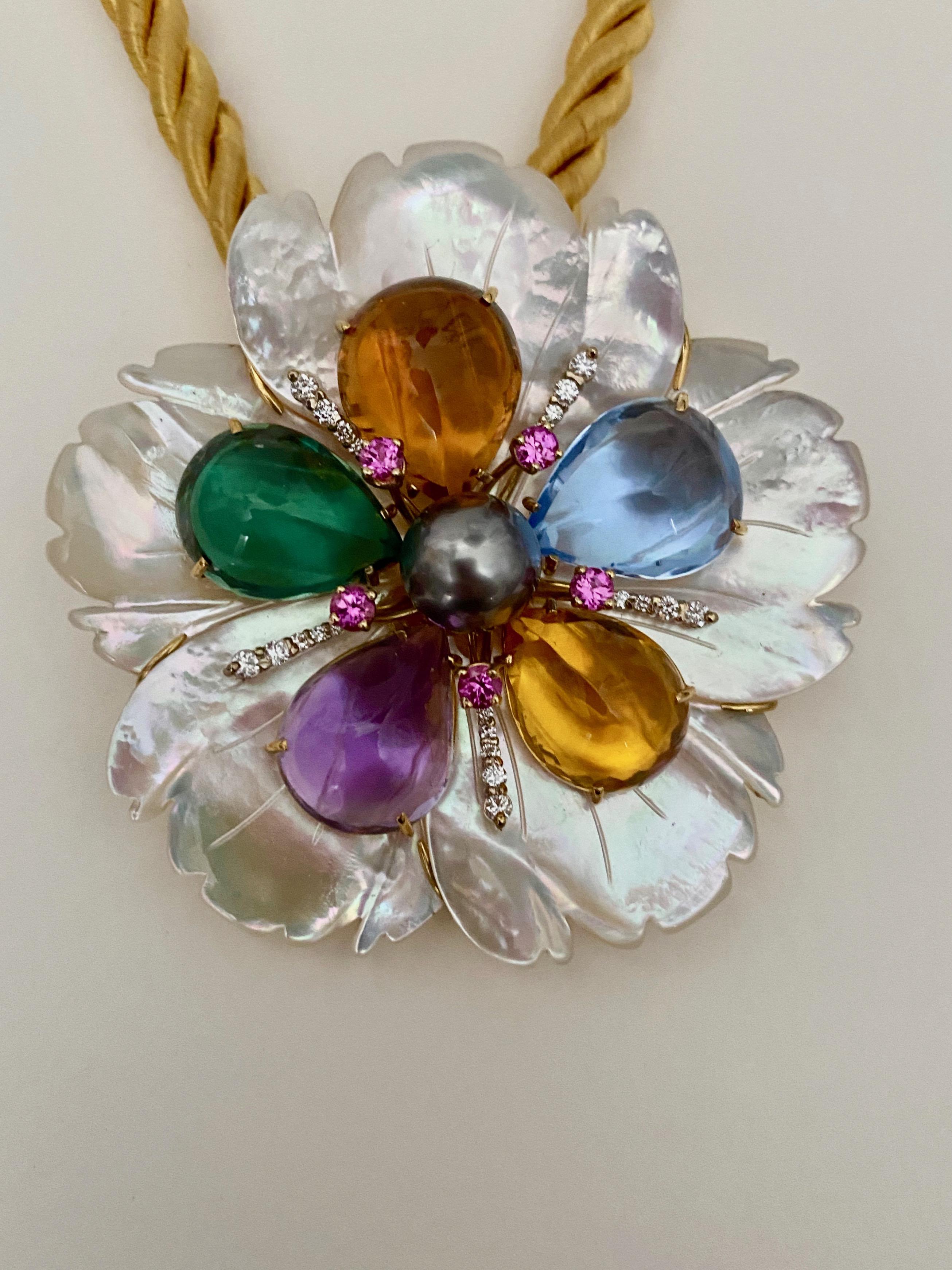 Michael Kneebone Amethyst Citrine Topaz Pink Sapphire Diamond Flower Pendant In New Condition For Sale In Austin, TX
