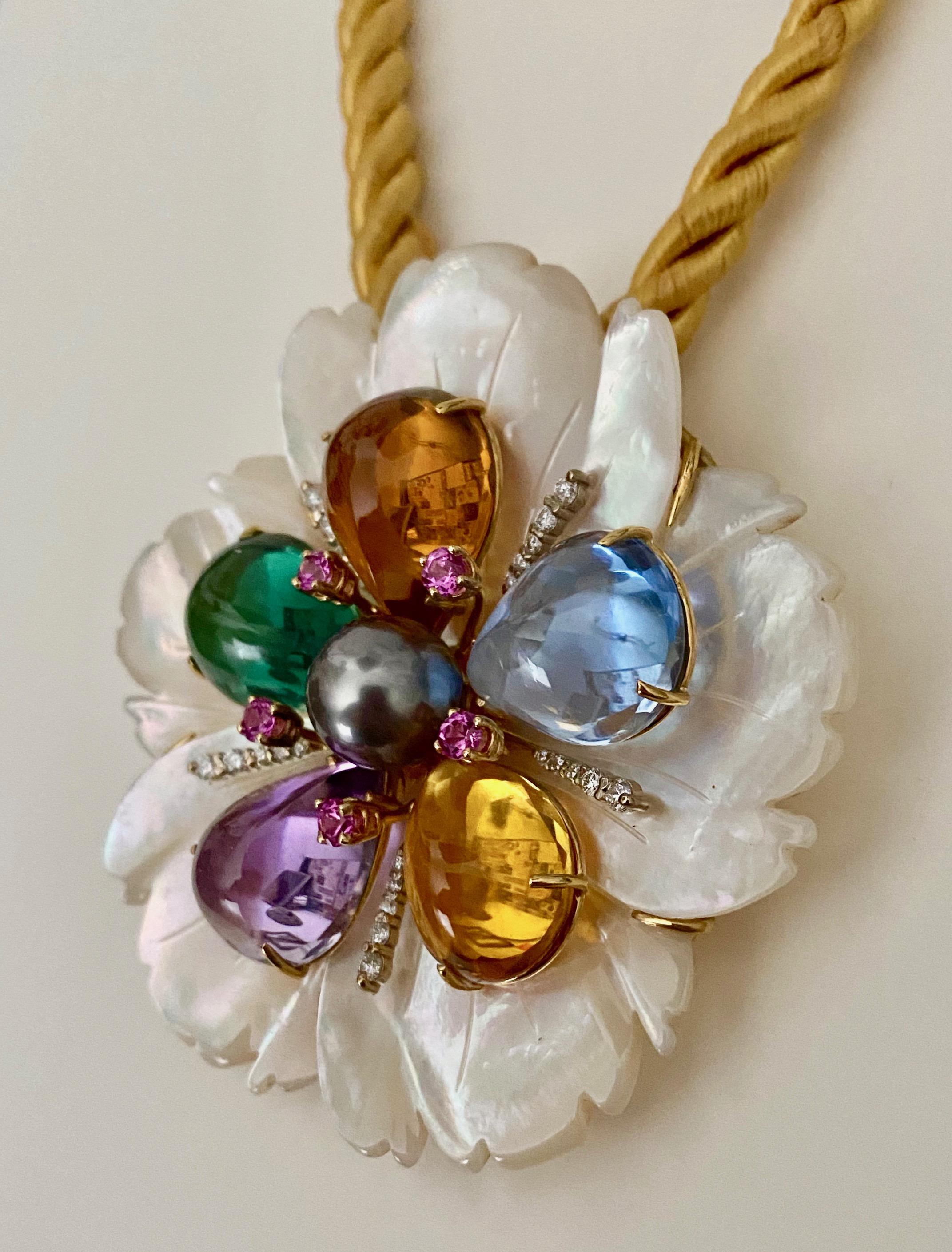 Michael Kneebone Amethyst Citrine Topaz Pink Sapphire Diamond Flower Pendant For Sale 1