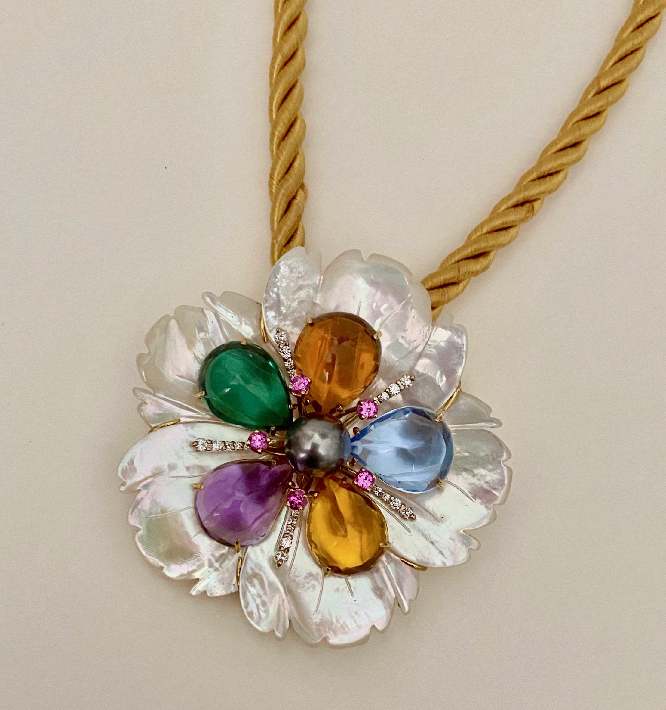 Michael Kneebone Amethyst Citrine Topaz Pink Sapphire Diamond Flower Pendant For Sale 2
