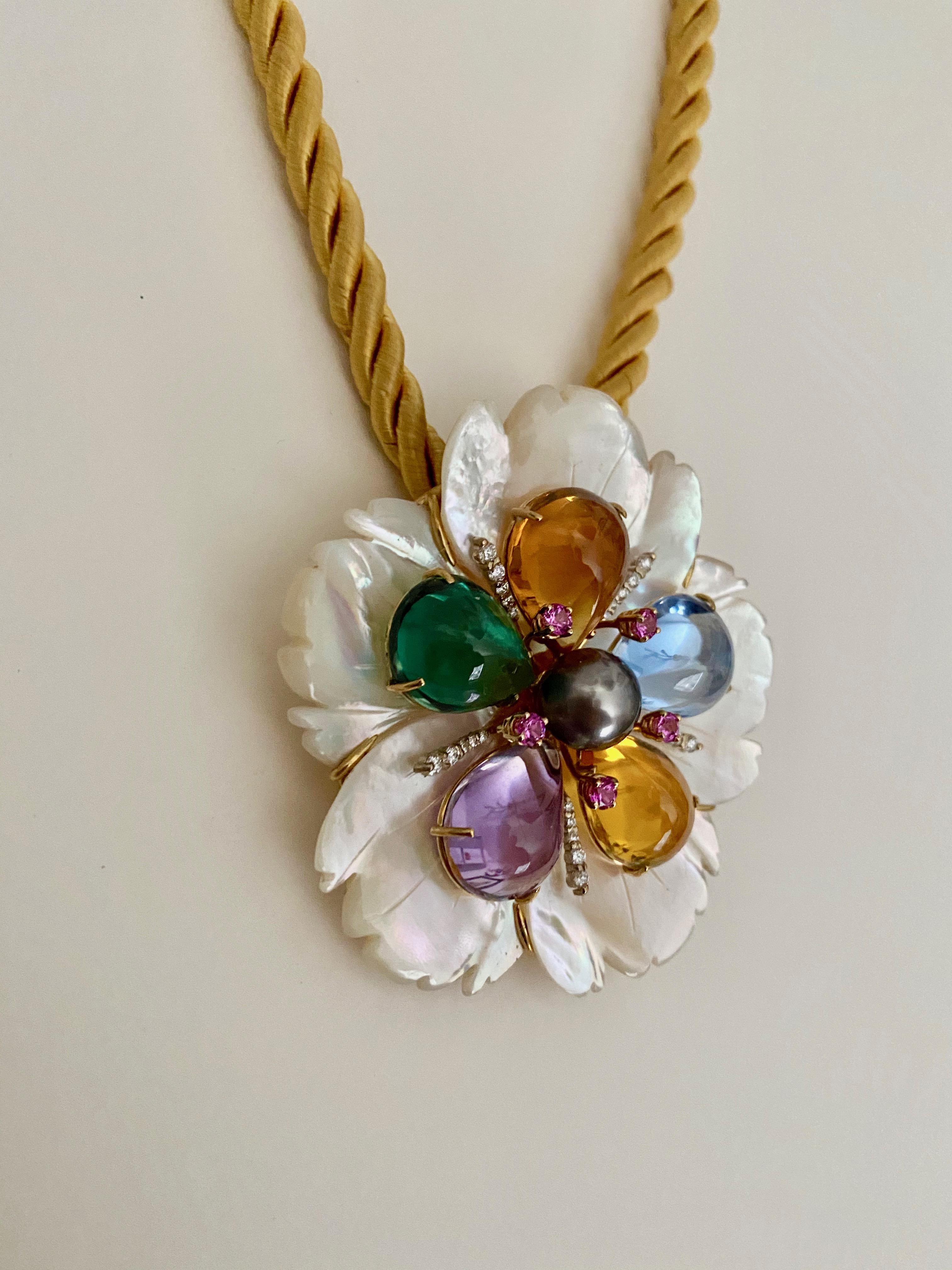 Michael Kneebone Amethyst Citrine Topaz Pink Sapphire Diamond Flower Pendant For Sale 3