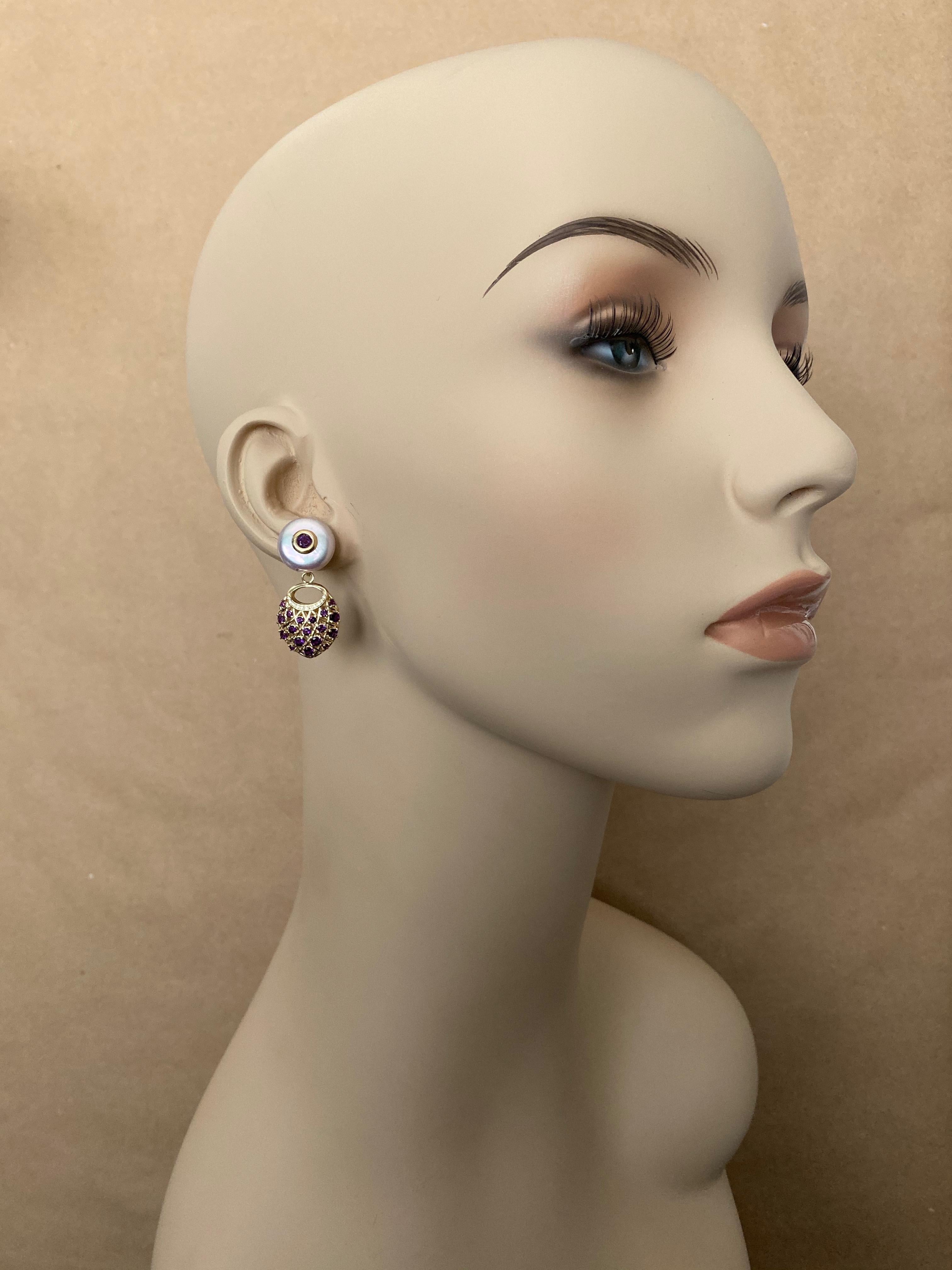 Amethyst are set in pear shaped basket weave drops in this dainty dangle earrings.   Micro-pave diamonds add detail.  The drops are suspended from 14mm pastel colored coin pearls.  The pearls have been drilled and set into each, a matching bezel set