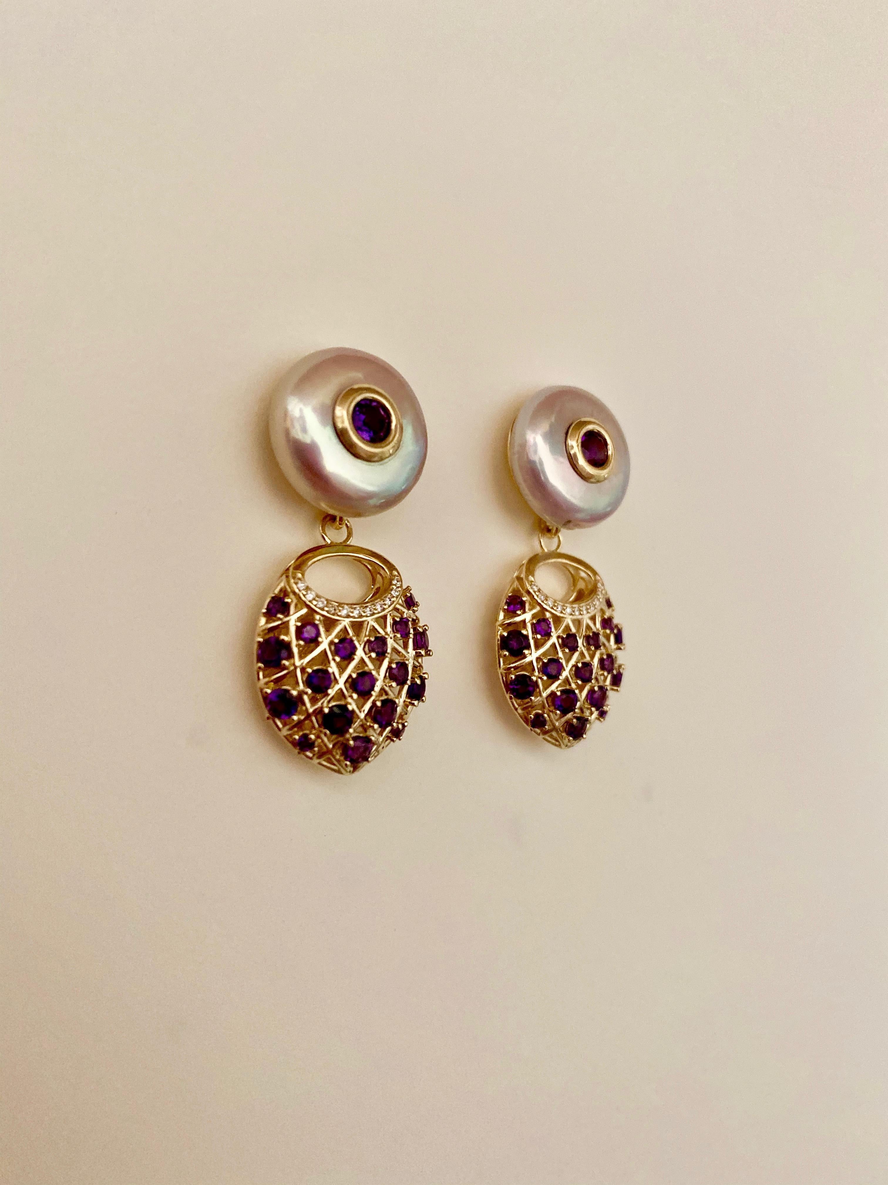 Contemporary Michael Kneebone Amethyst Diamond Coin Pearl Basket Weave Dangle Earrings For Sale