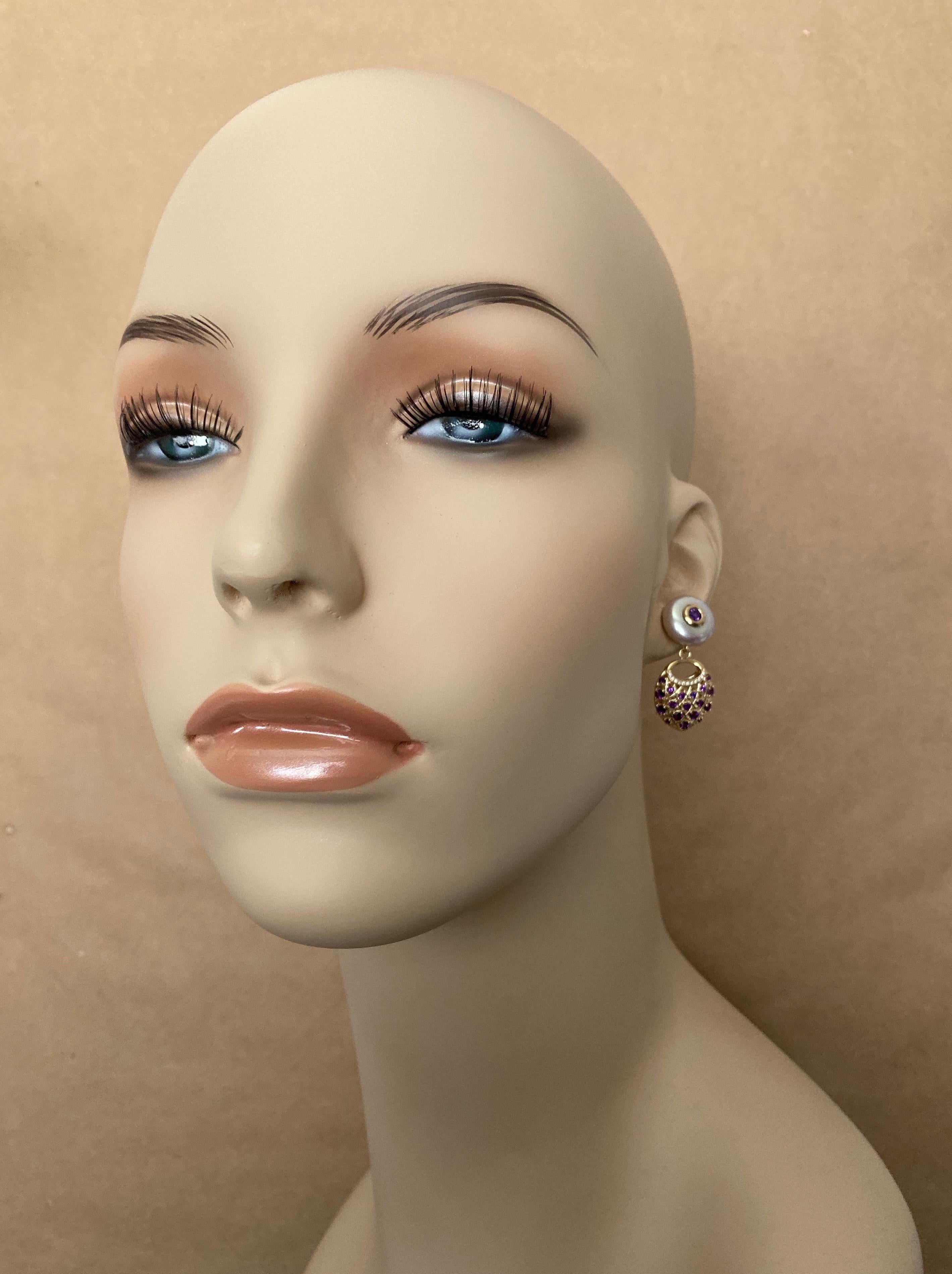 Mixed Cut Michael Kneebone Amethyst Diamond Coin Pearl Basket Weave Dangle Earrings For Sale