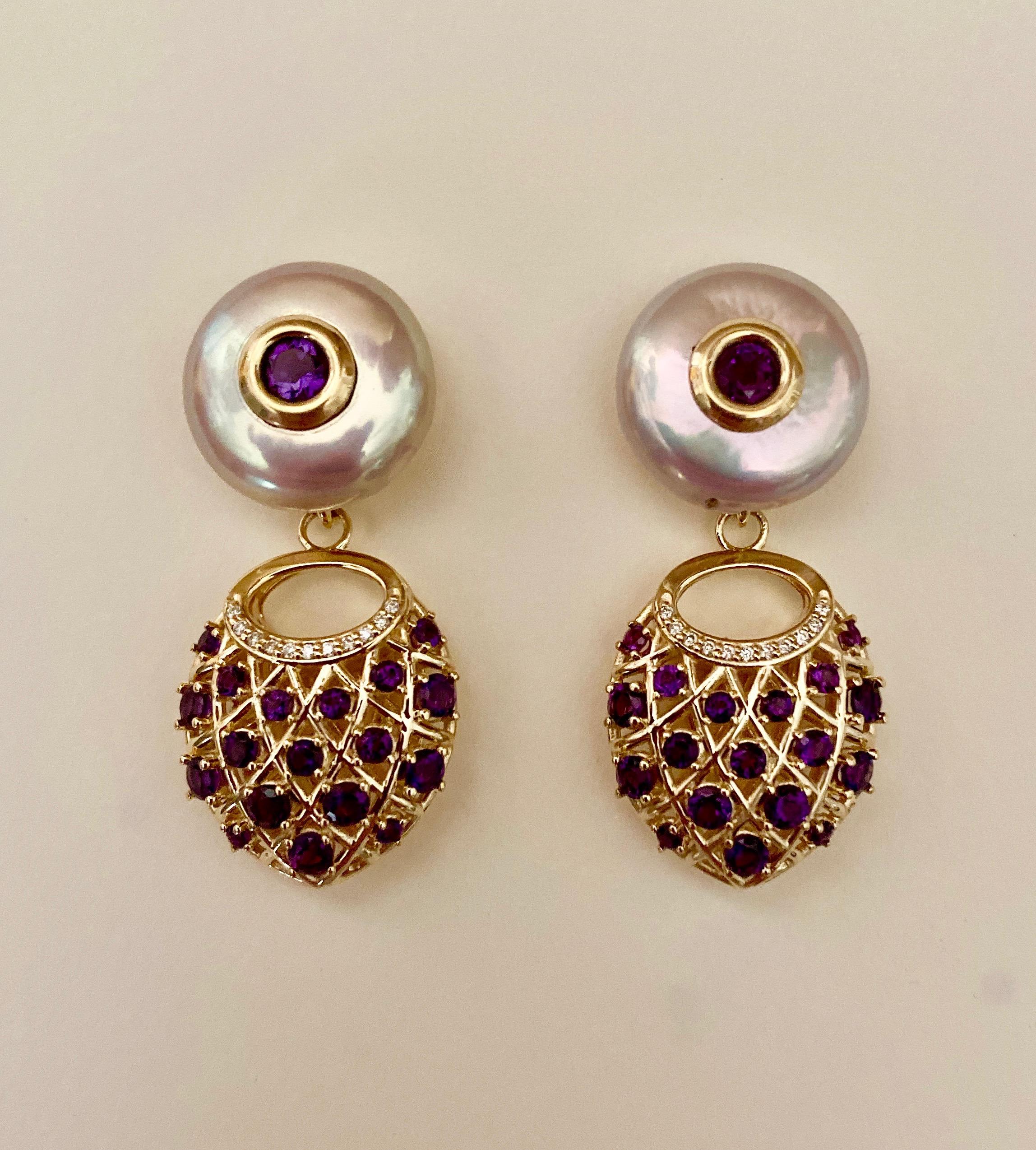 Michael Kneebone Amethyst Diamond Coin Pearl Basket Weave Dangle Earrings In New Condition For Sale In Austin, TX