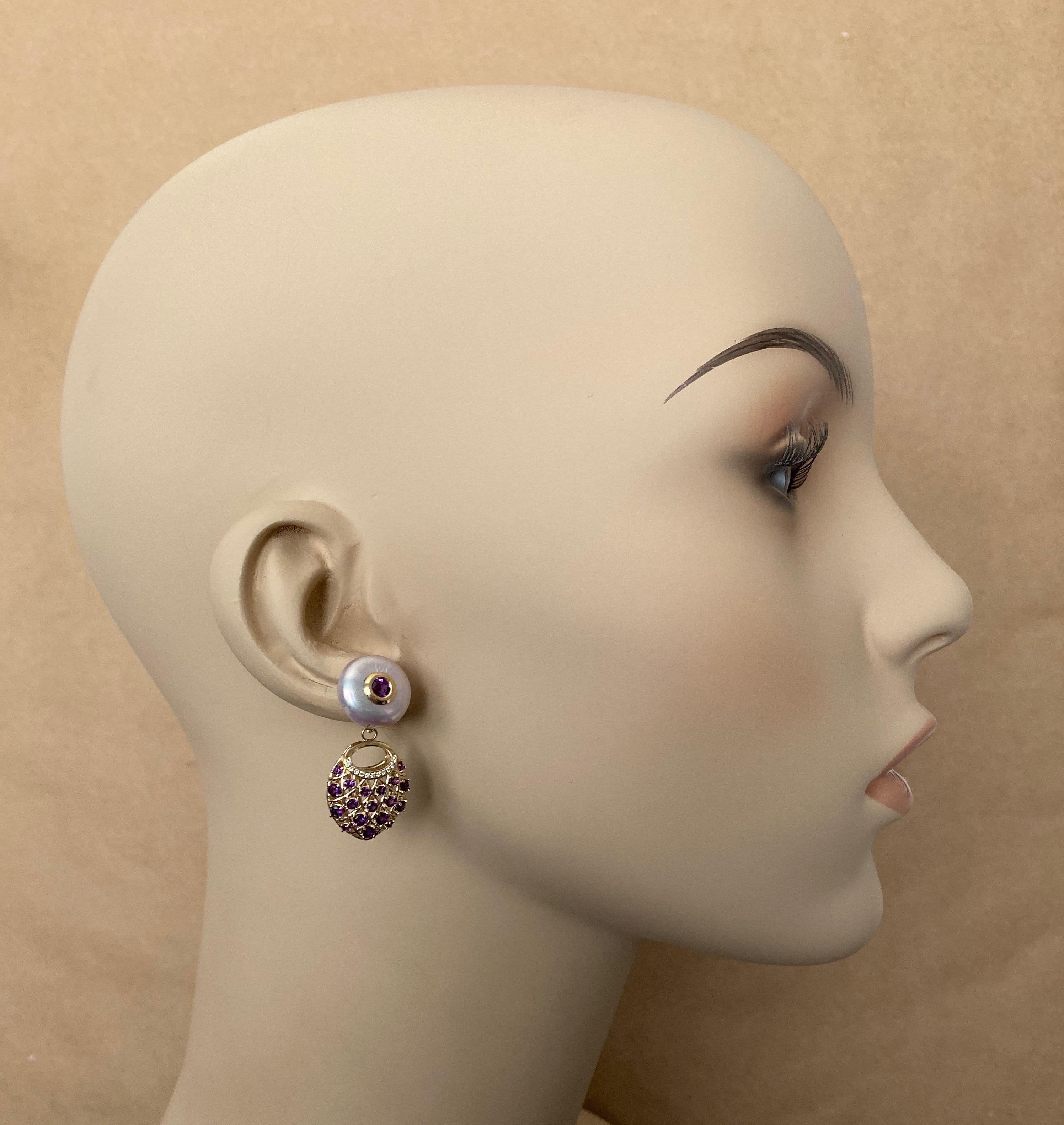 Women's Michael Kneebone Amethyst Diamond Coin Pearl Basket Weave Dangle Earrings For Sale