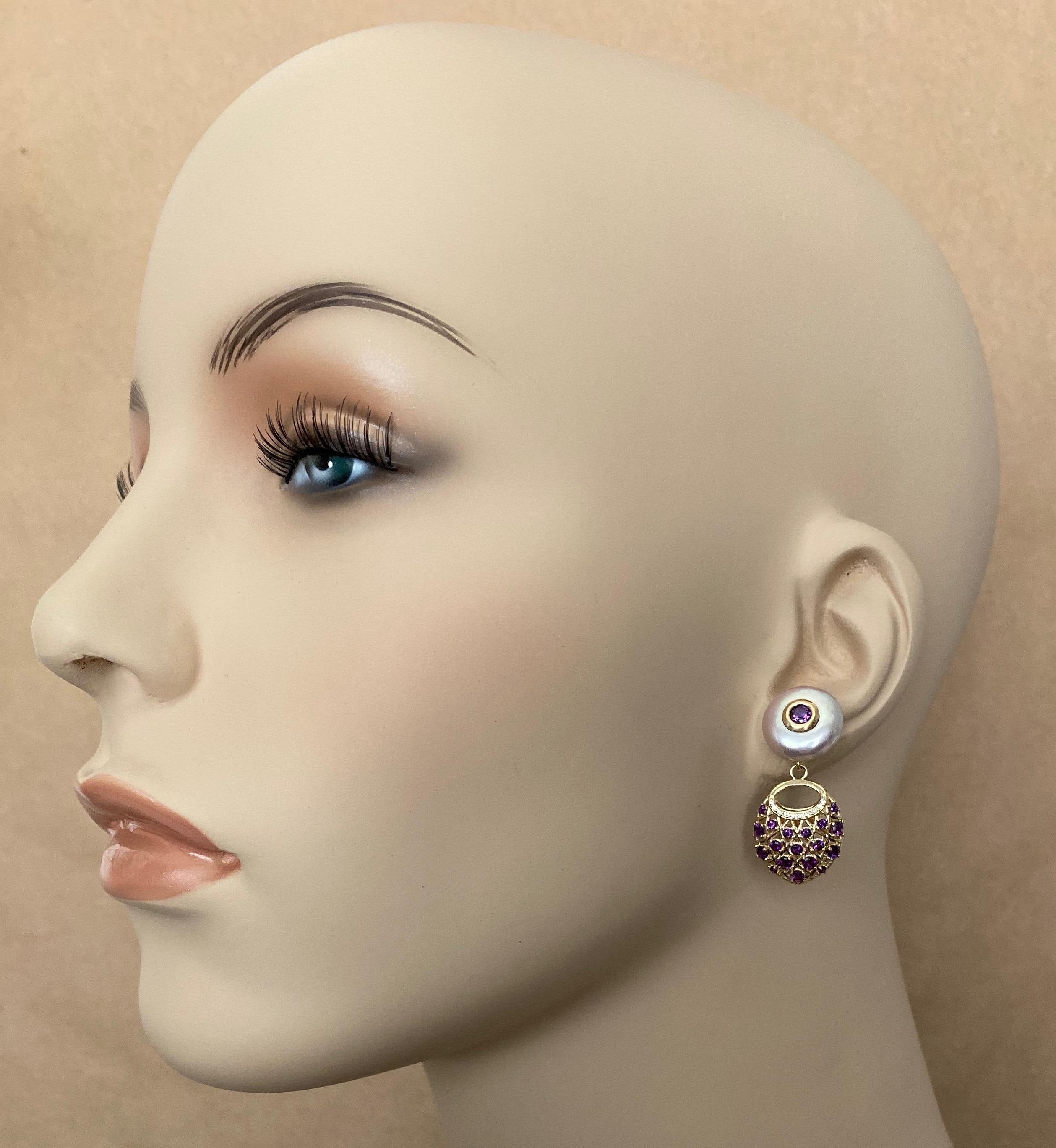 Michael Kneebone Amethyst Diamond Coin Pearl Basket Weave Dangle Earrings For Sale 2
