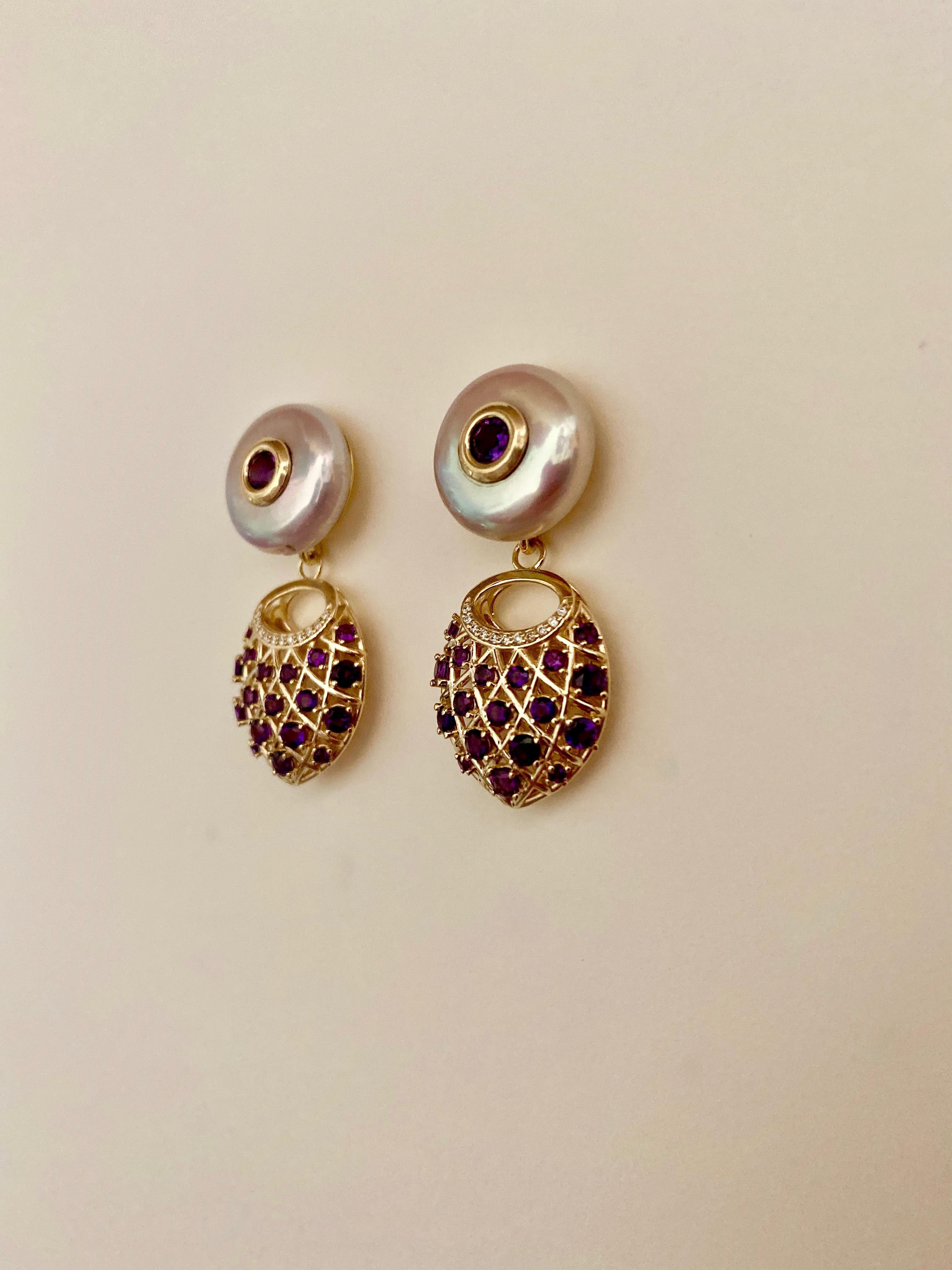 Michael Kneebone Amethyst Diamond Coin Pearl Basket Weave Dangle Earrings For Sale 3