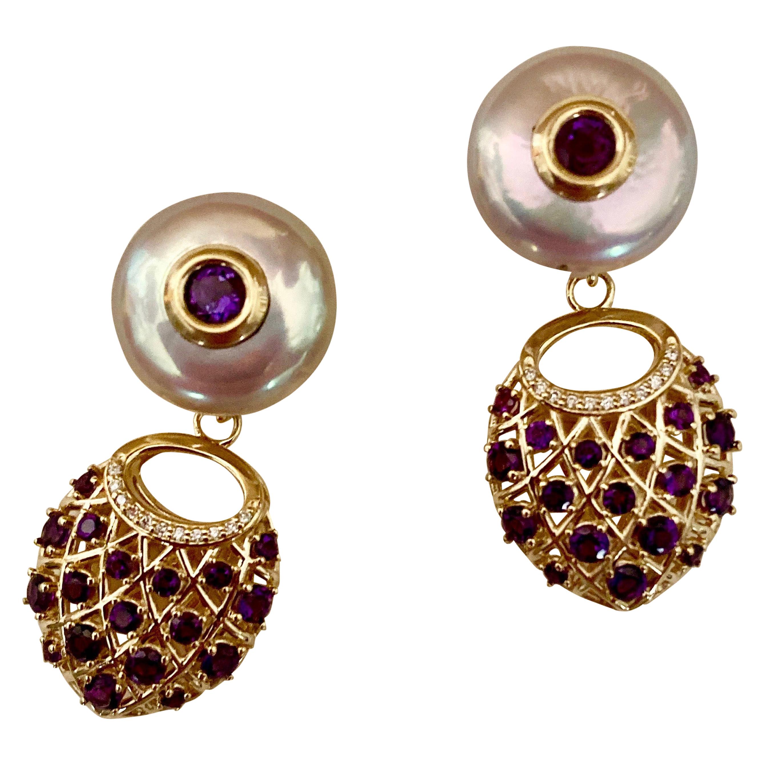 Michael Kneebone Amethyst Diamond Coin Pearl Basket Weave Dangle Earrings For Sale