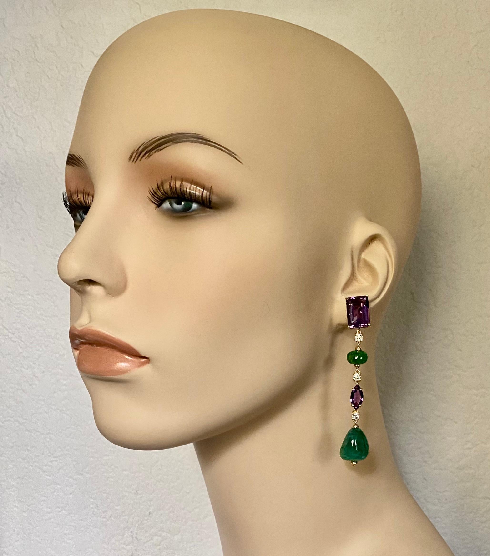 Contemporary Michael Kneebone Amethyst Diamond Emerald Dangle Earrings For Sale