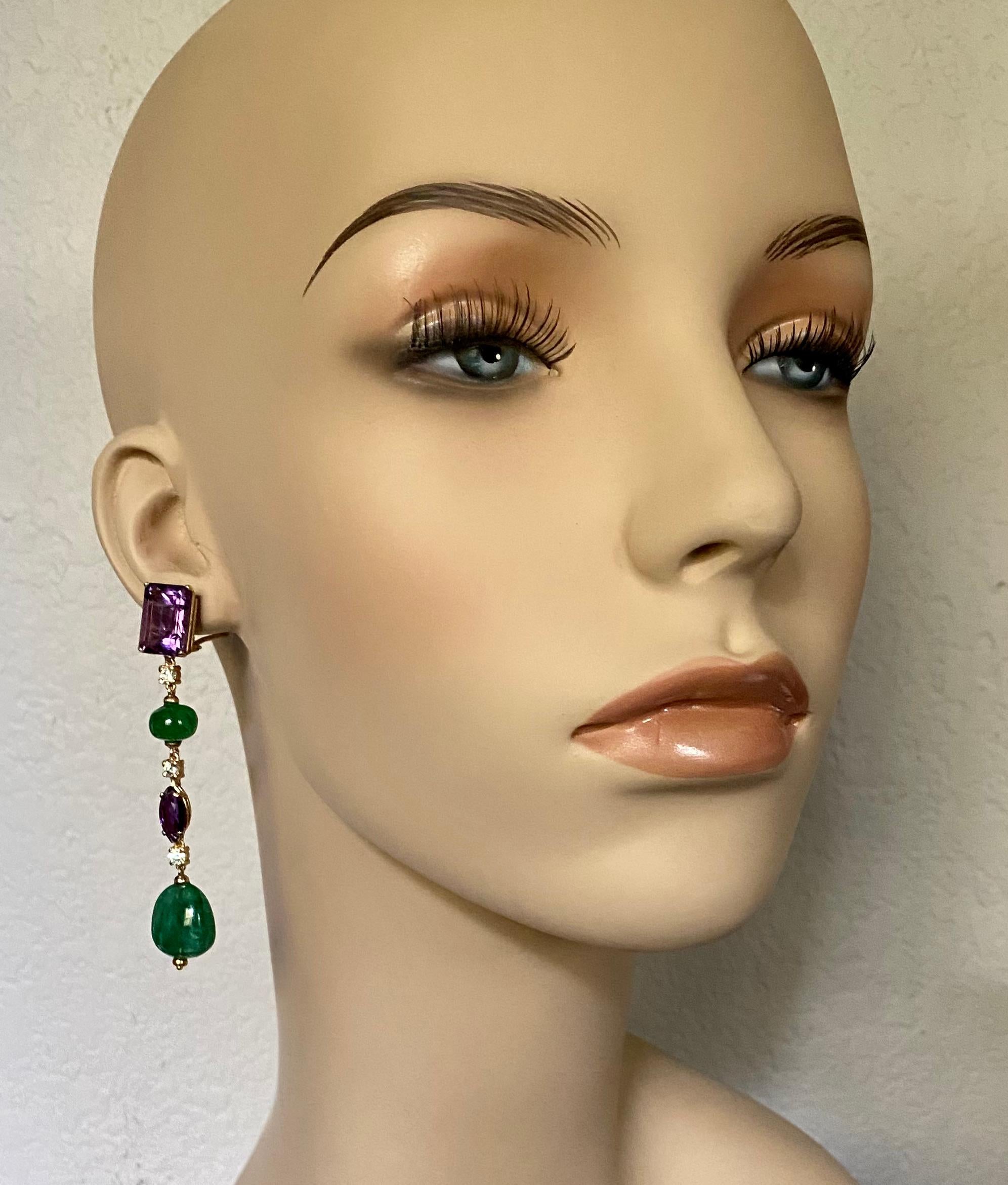 Emerald Cut Michael Kneebone Amethyst Diamond Emerald Dangle Earrings For Sale