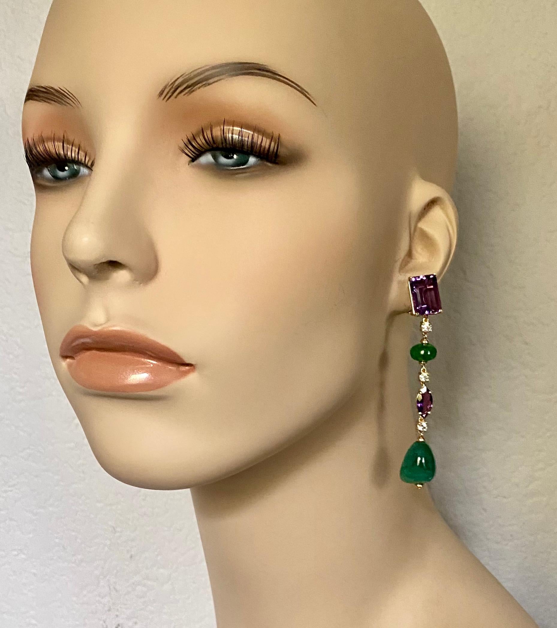 Michael Kneebone Amethyst Diamond Emerald Dangle Earrings In New Condition For Sale In Austin, TX