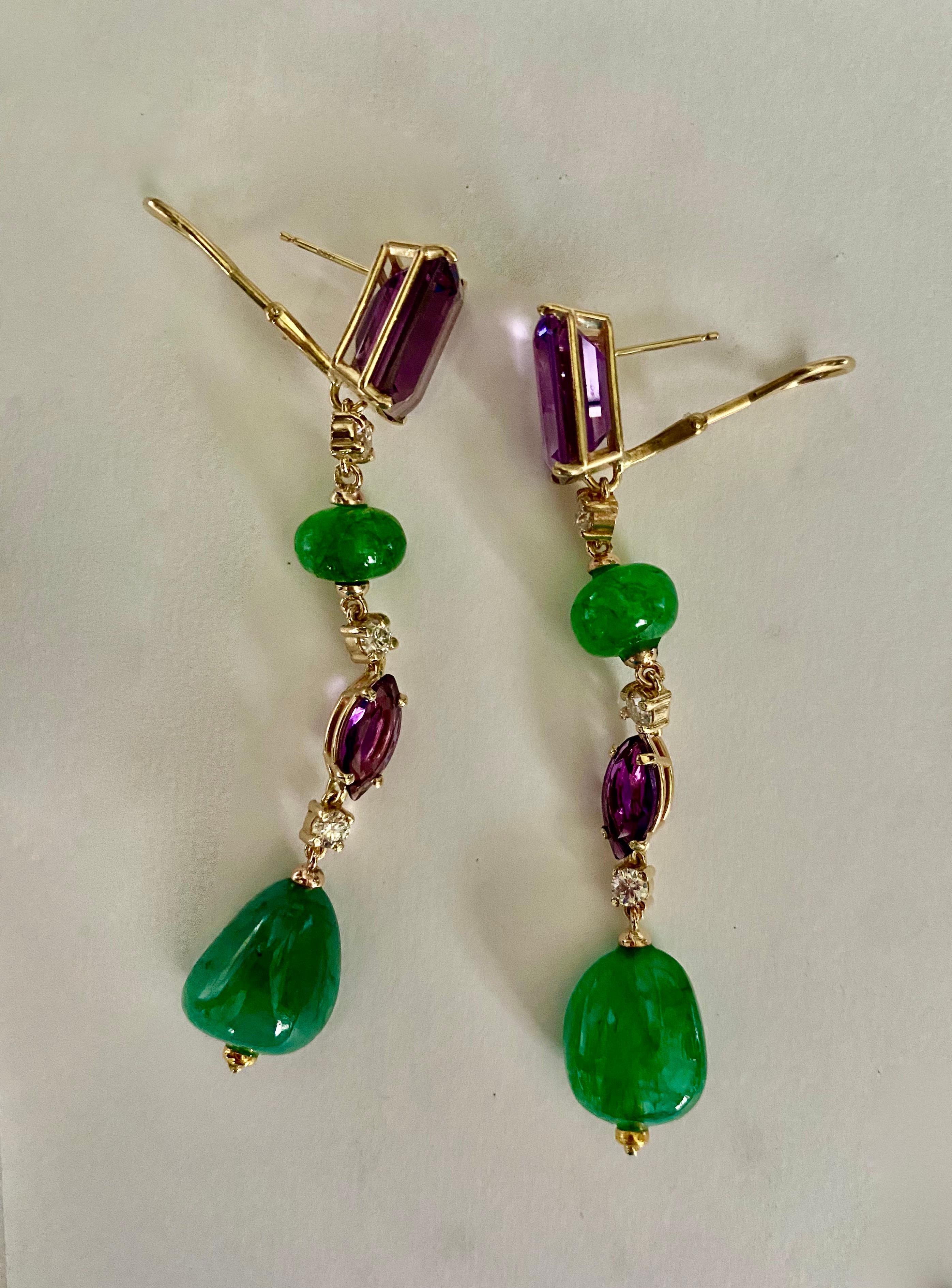 Women's Michael Kneebone Amethyst Diamond Emerald Dangle Earrings For Sale