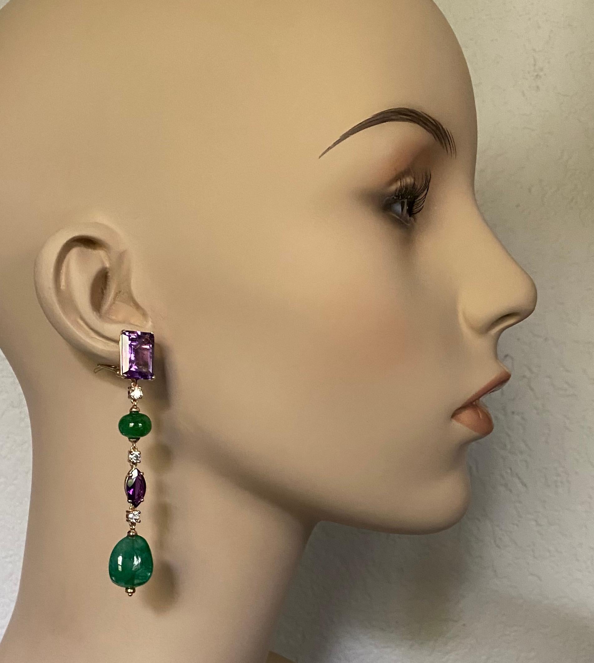 Michael Kneebone Amethyst Diamond Emerald Dangle Earrings For Sale 3