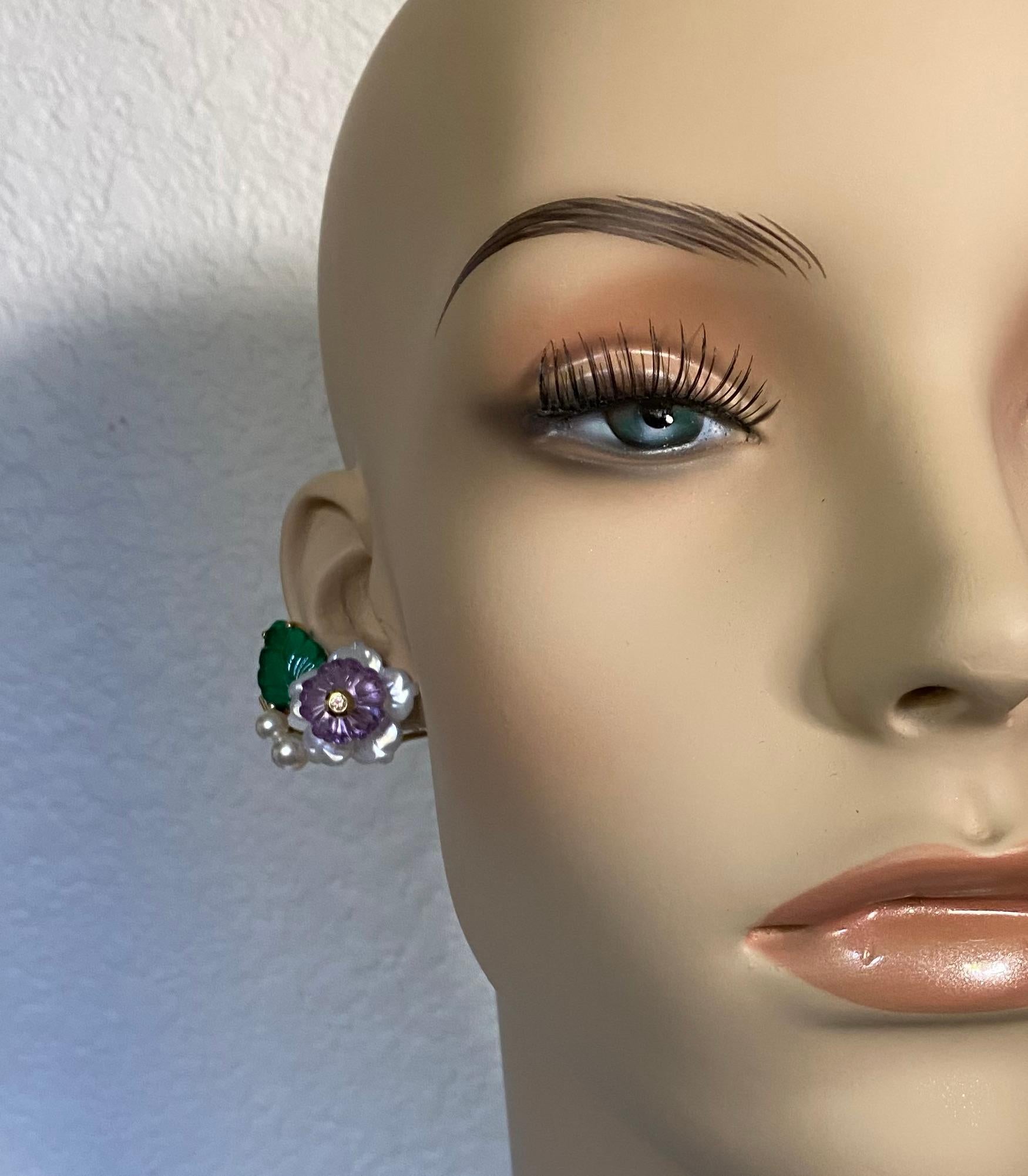 Michael Kneebone Amethyst Diamond Pearl Green Onyx Flower Earrings For Sale 2