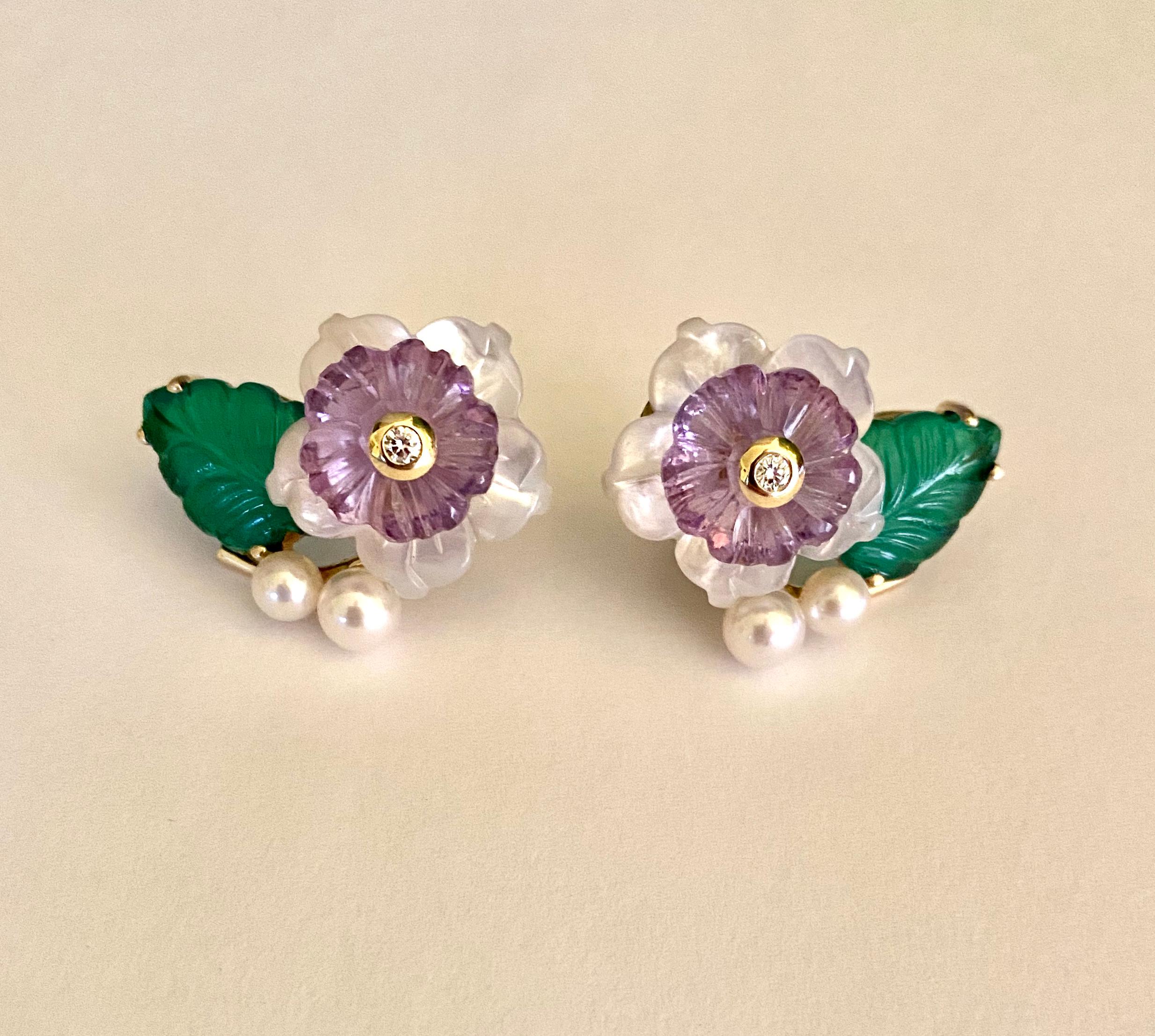 Michael Kneebone Amethyst Diamond Pearl Green Onyx Flower Earrings For Sale 3