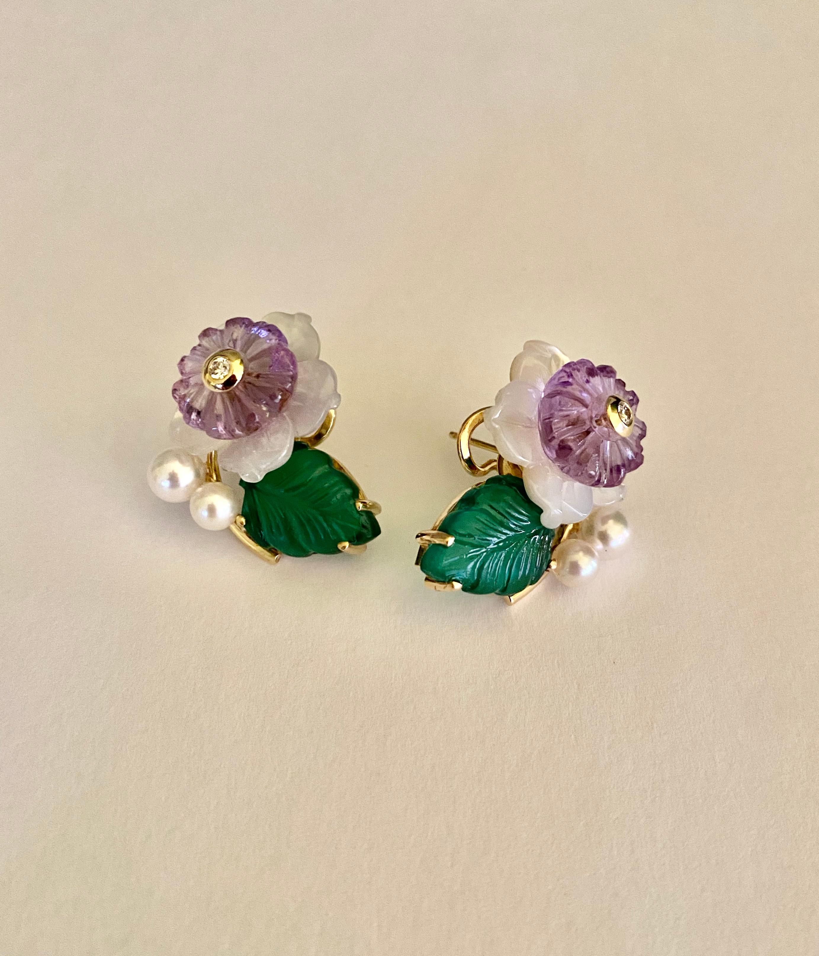 Mixed Cut Michael Kneebone Amethyst Diamond Pearl Green Onyx Flower Earrings For Sale