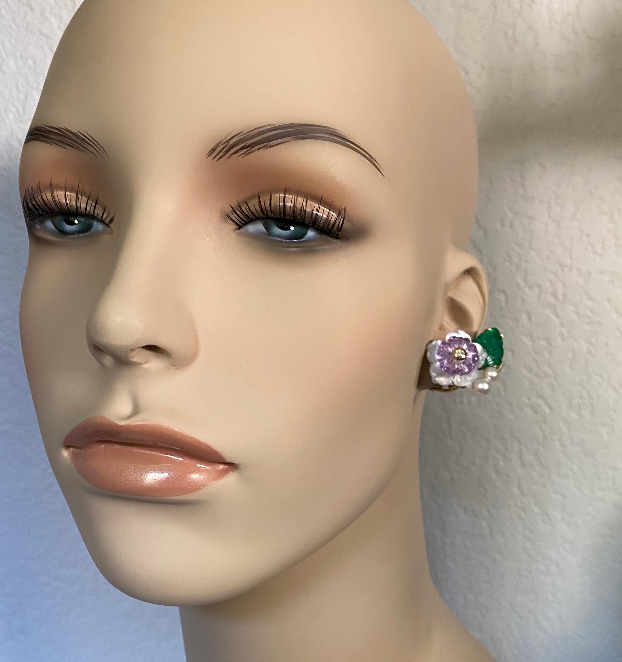 Michael Kneebone Amethyst Diamond Pearl Green Onyx Flower Earrings In New Condition For Sale In Austin, TX