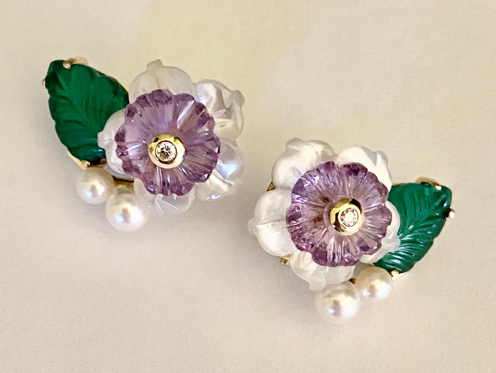 Women's Michael Kneebone Amethyst Diamond Pearl Green Onyx Flower Earrings For Sale