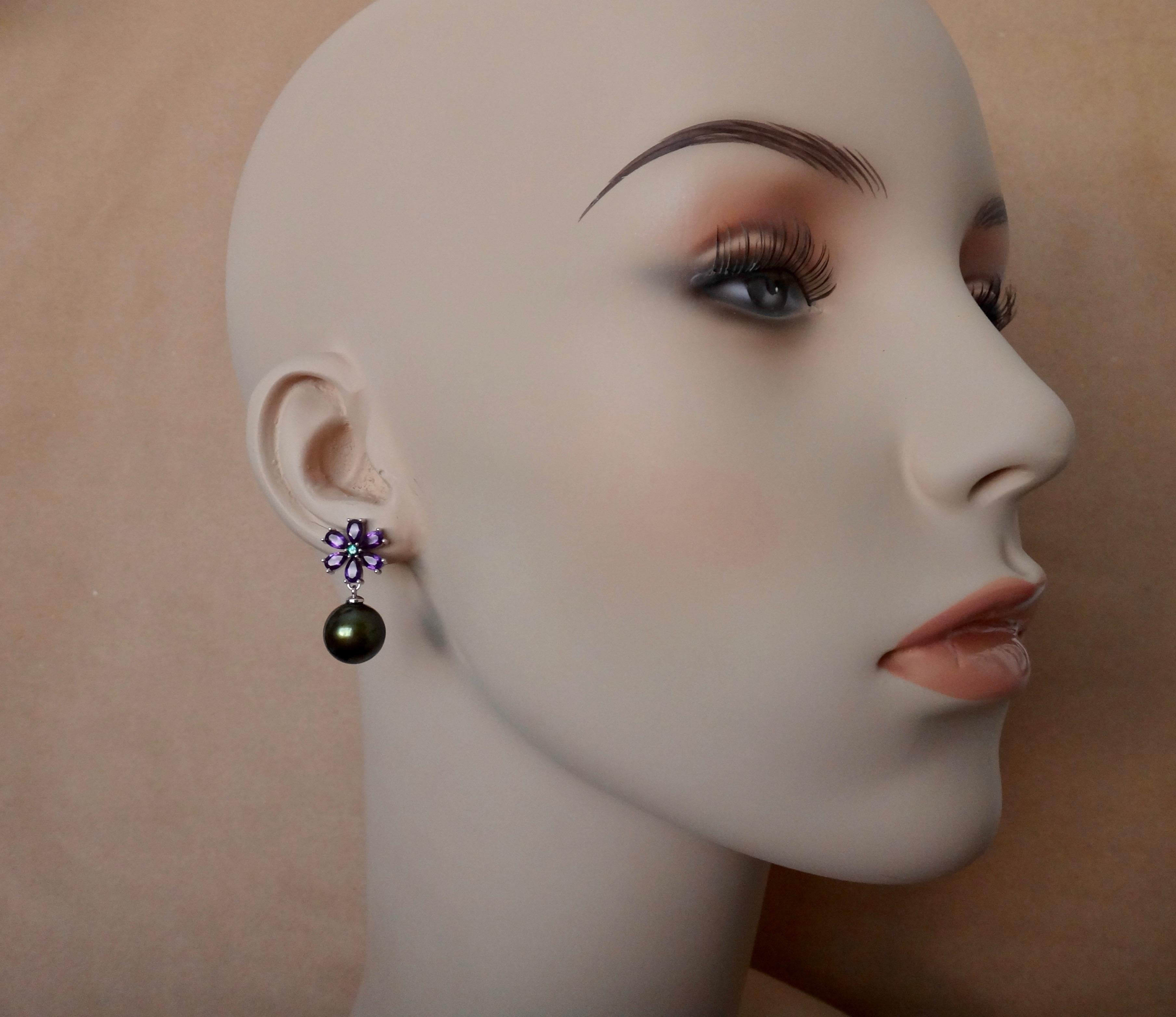 Contemporary Michael Kneebone Amethyst Emerald Pistachio Tahitian Pearl Dangle Earrings