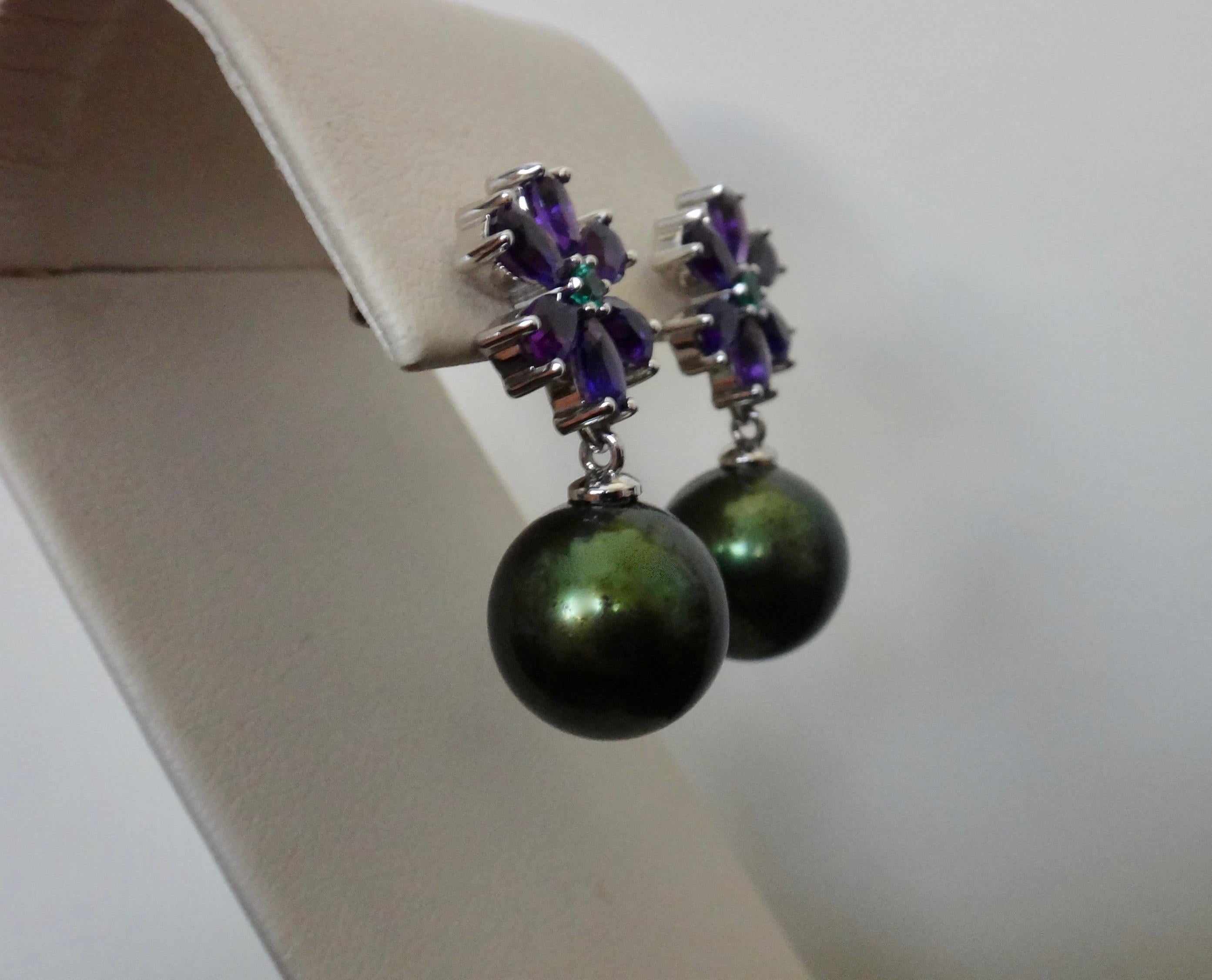 Mixed Cut Michael Kneebone Amethyst Emerald Pistachio Tahitian Pearl Dangle Earrings