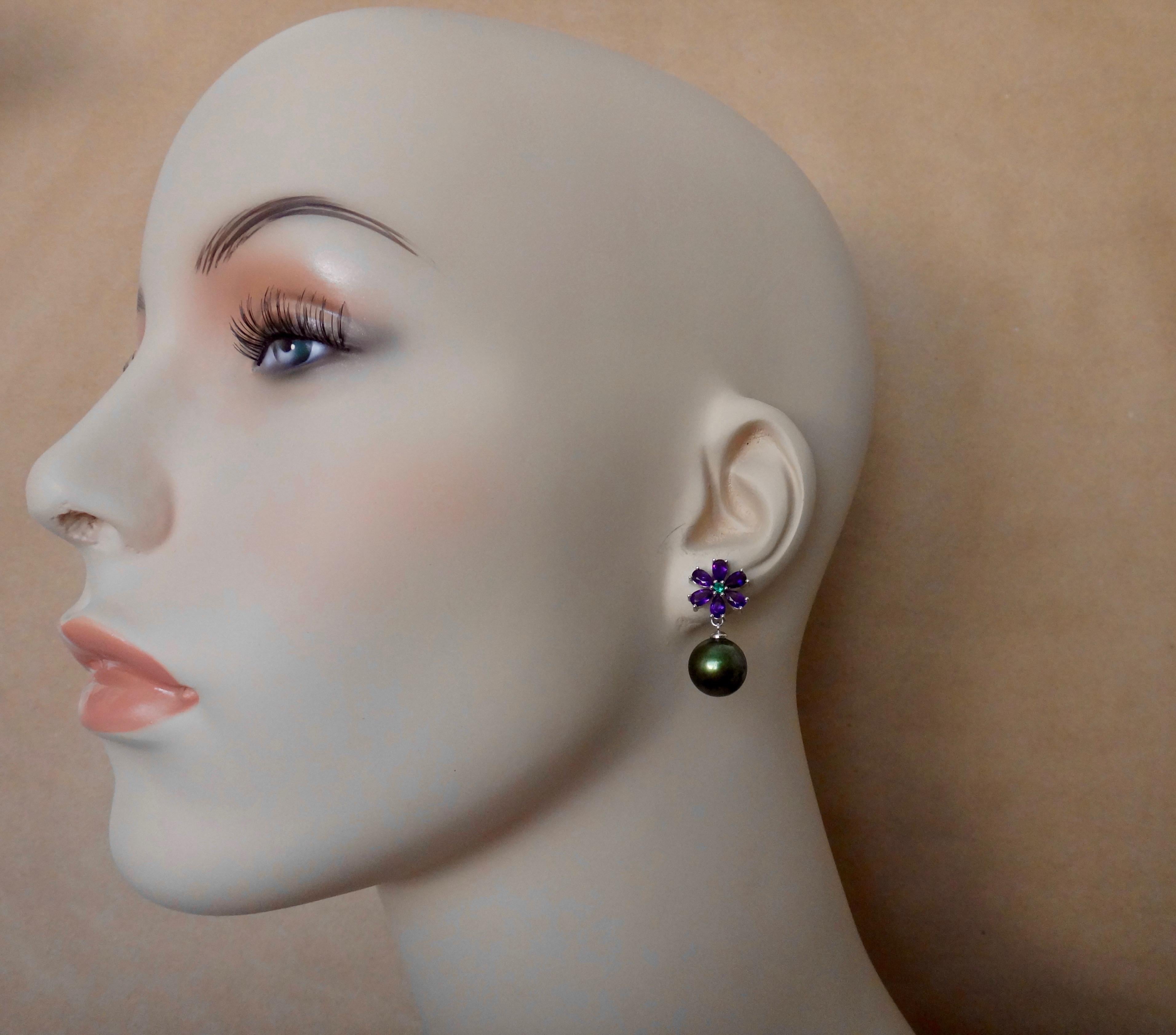Michael Kneebone Amethyst Emerald Pistachio Tahitian Pearl Dangle Earrings In New Condition In Austin, TX