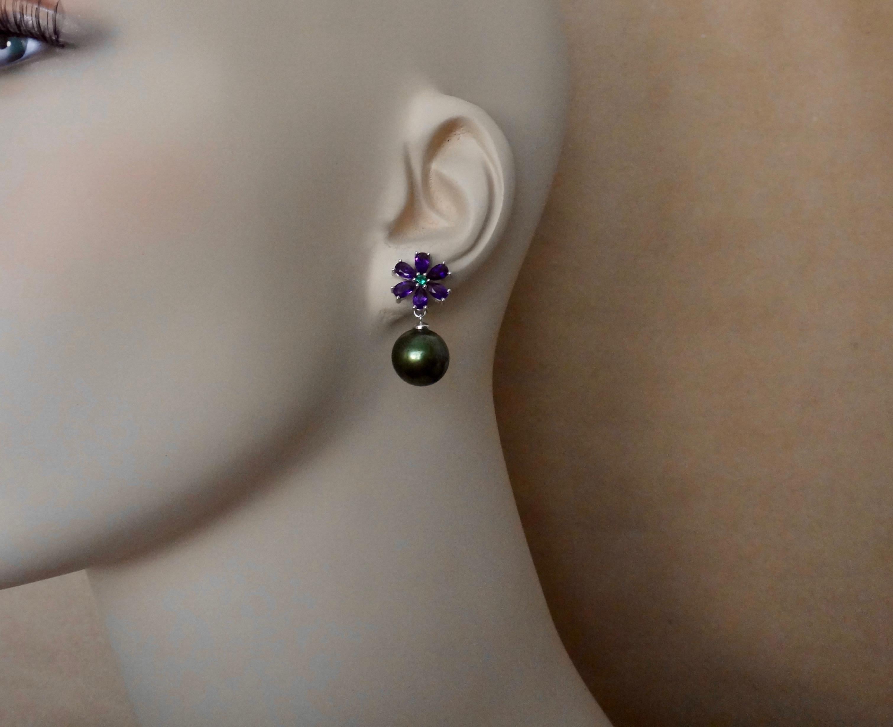 Michael Kneebone Amethyst Emerald Pistachio Tahitian Pearl Dangle Earrings 2