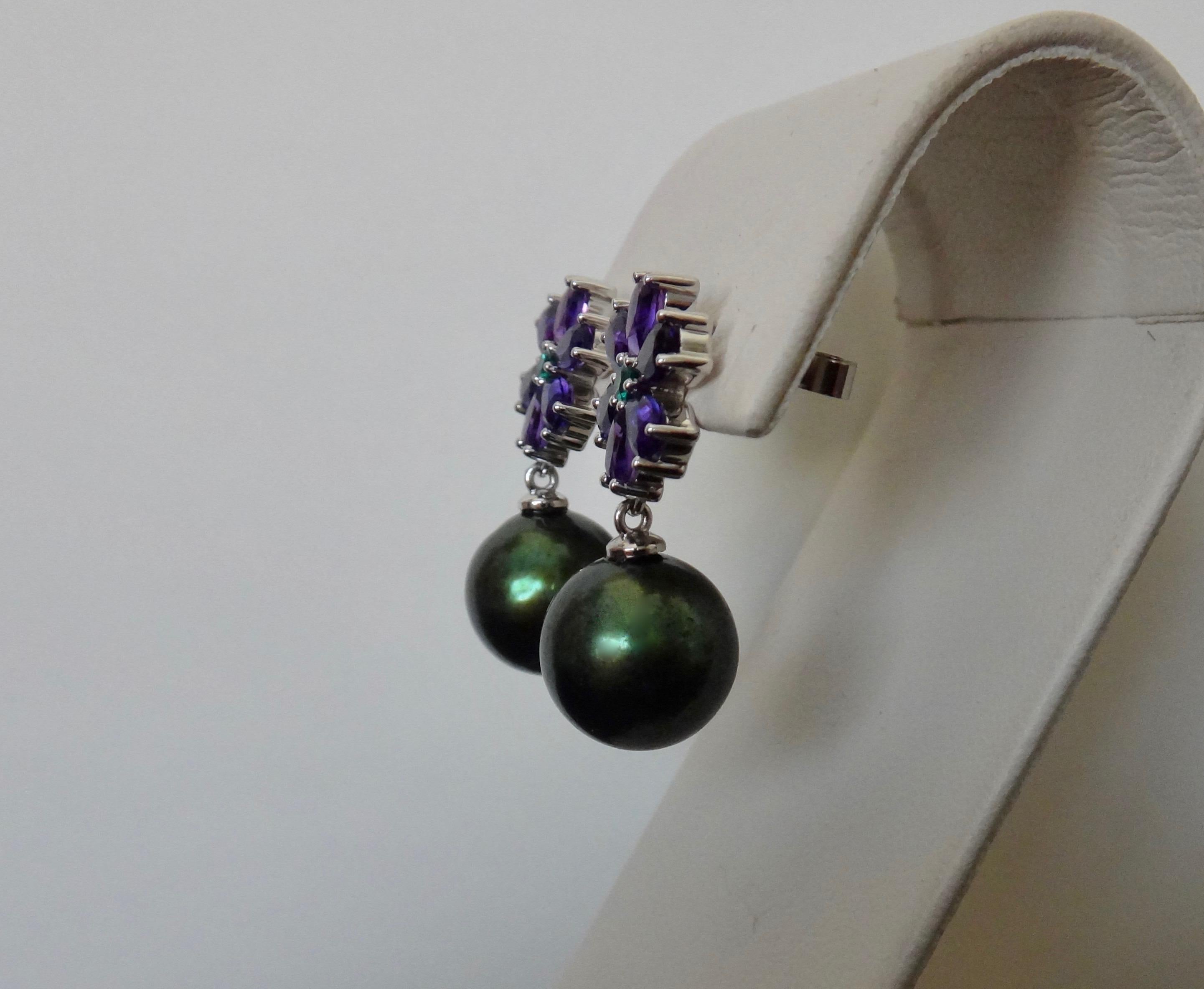 Michael Kneebone Amethyst Emerald Pistachio Tahitian Pearl Dangle Earrings 3