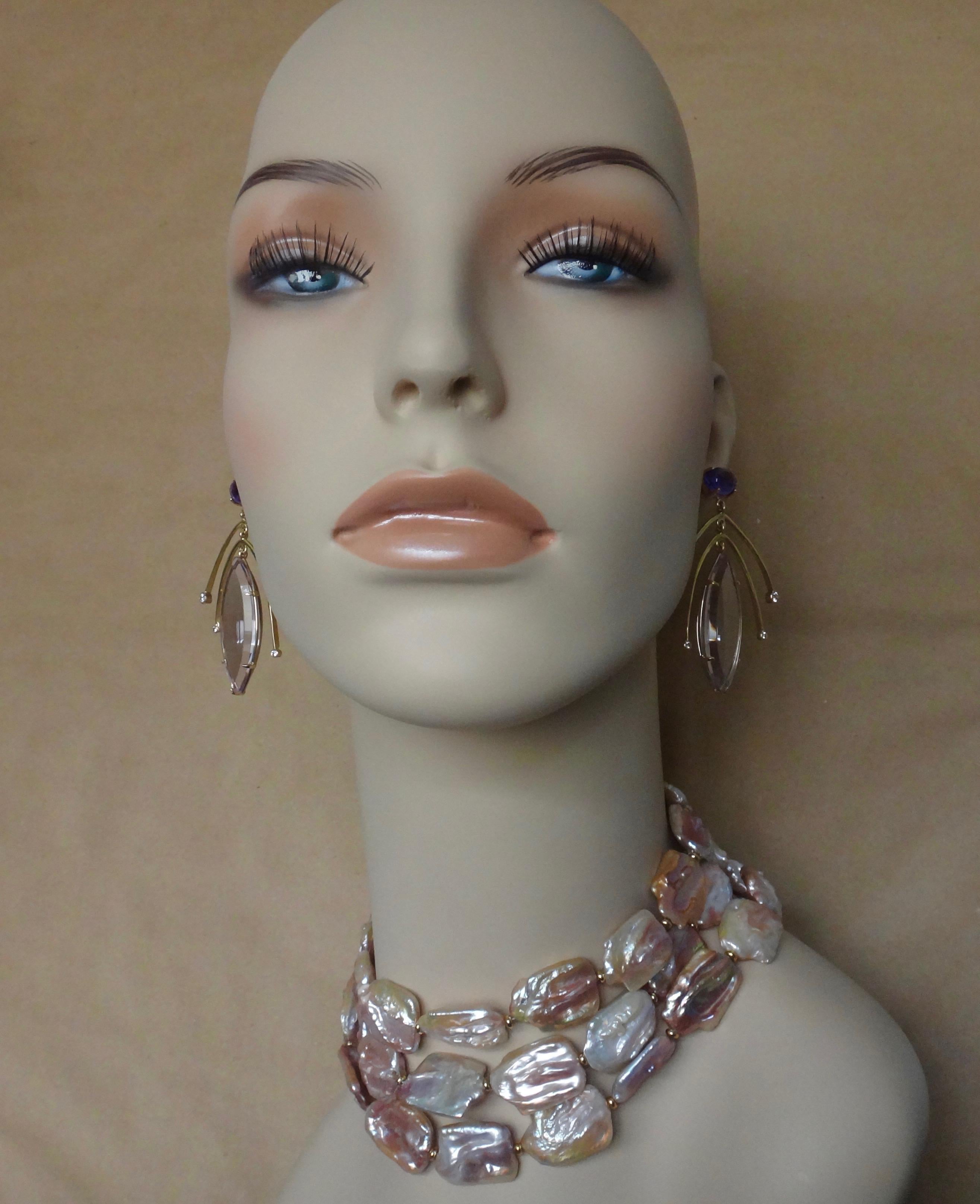 Michael Kneebone Amethyst Kinetic Dangle Earrings Tile Pearl Necklace Suite In New Condition In Austin, TX