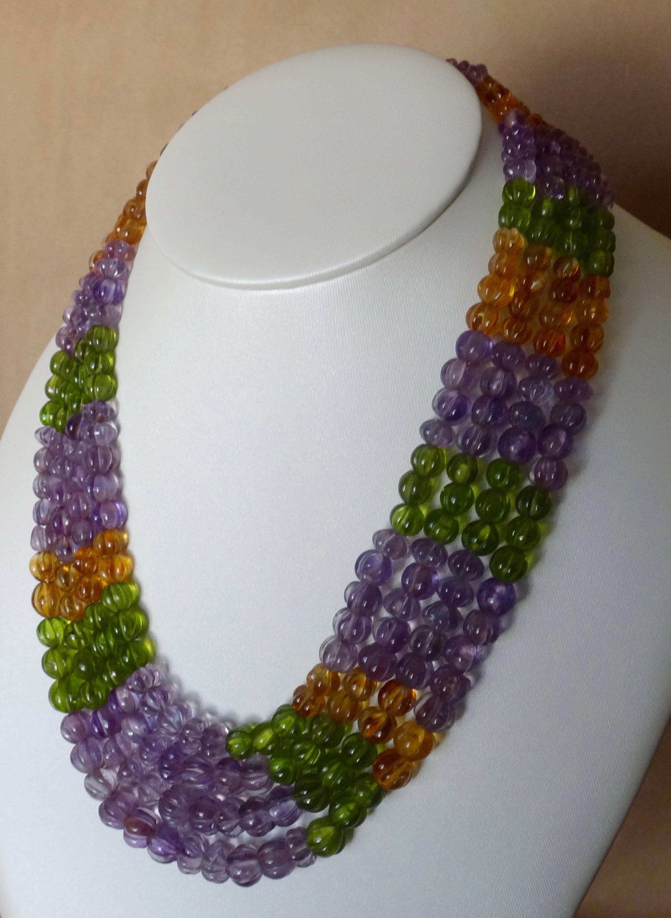 Contemporary Michael Kneebone Amethyst Peridot Citrine Multi-Strand Carved Bead Necklace For Sale