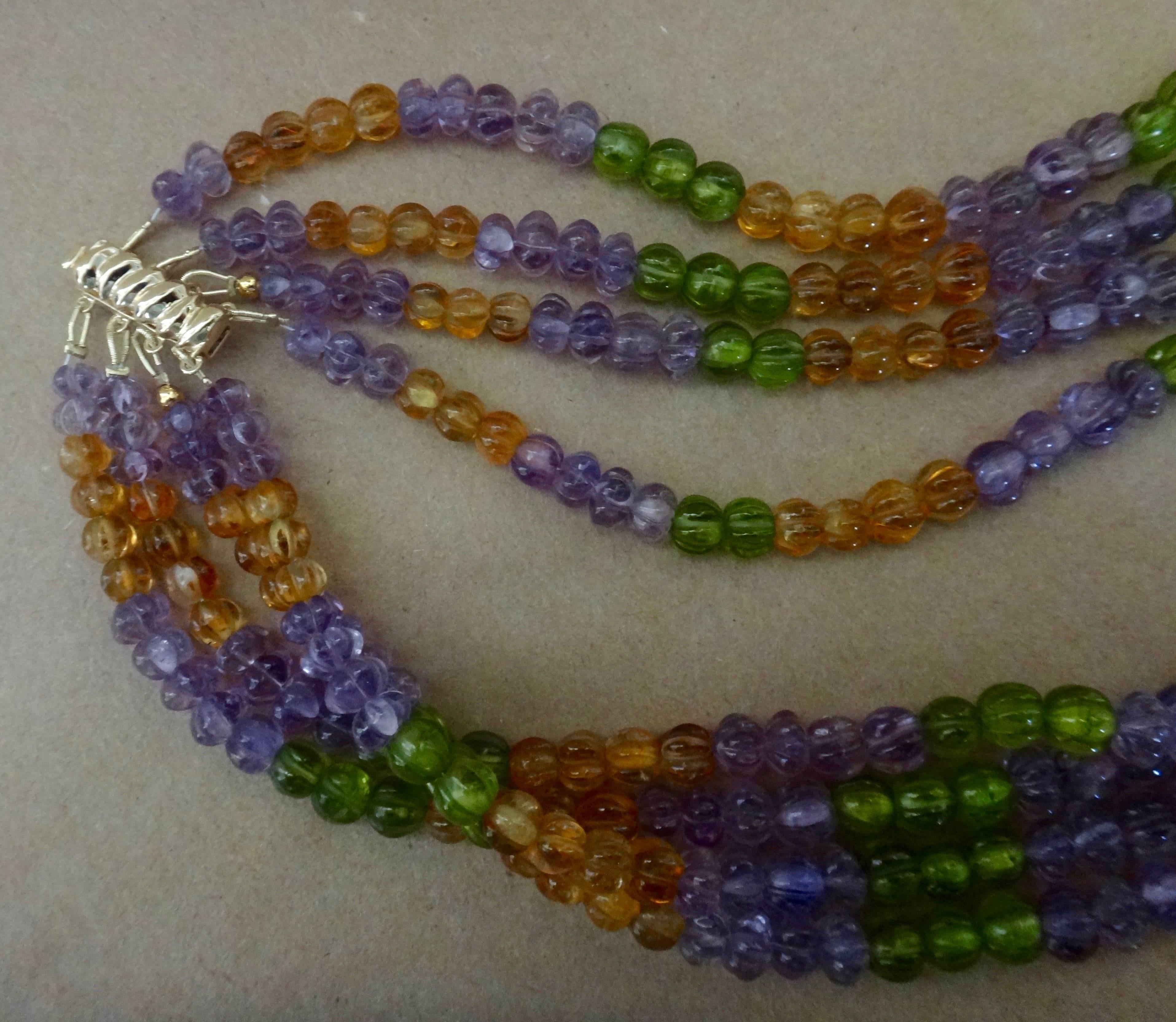 Michael Kneebone Amethyst Peridot Citrine Multi-Strand Carved Bead Necklace In Excellent Condition For Sale In Austin, TX