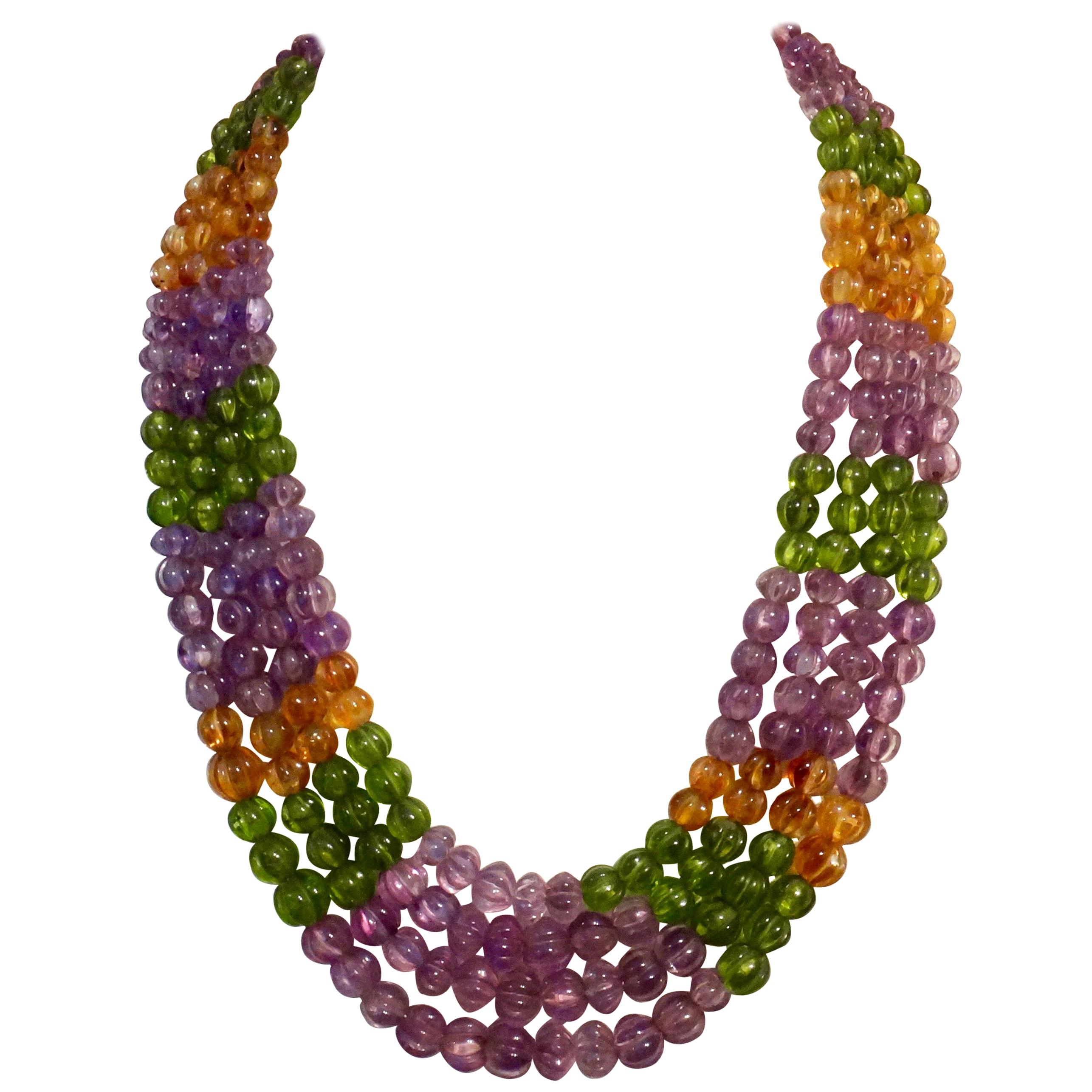 Michael Kneebone Amethyst Peridot Citrine Multi-Strand Carved Bead Necklace For Sale