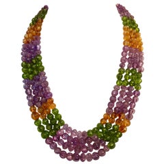 Michael Kneebone Amethyst Peridot Citrine Multi-Strand Carved Bead Necklace