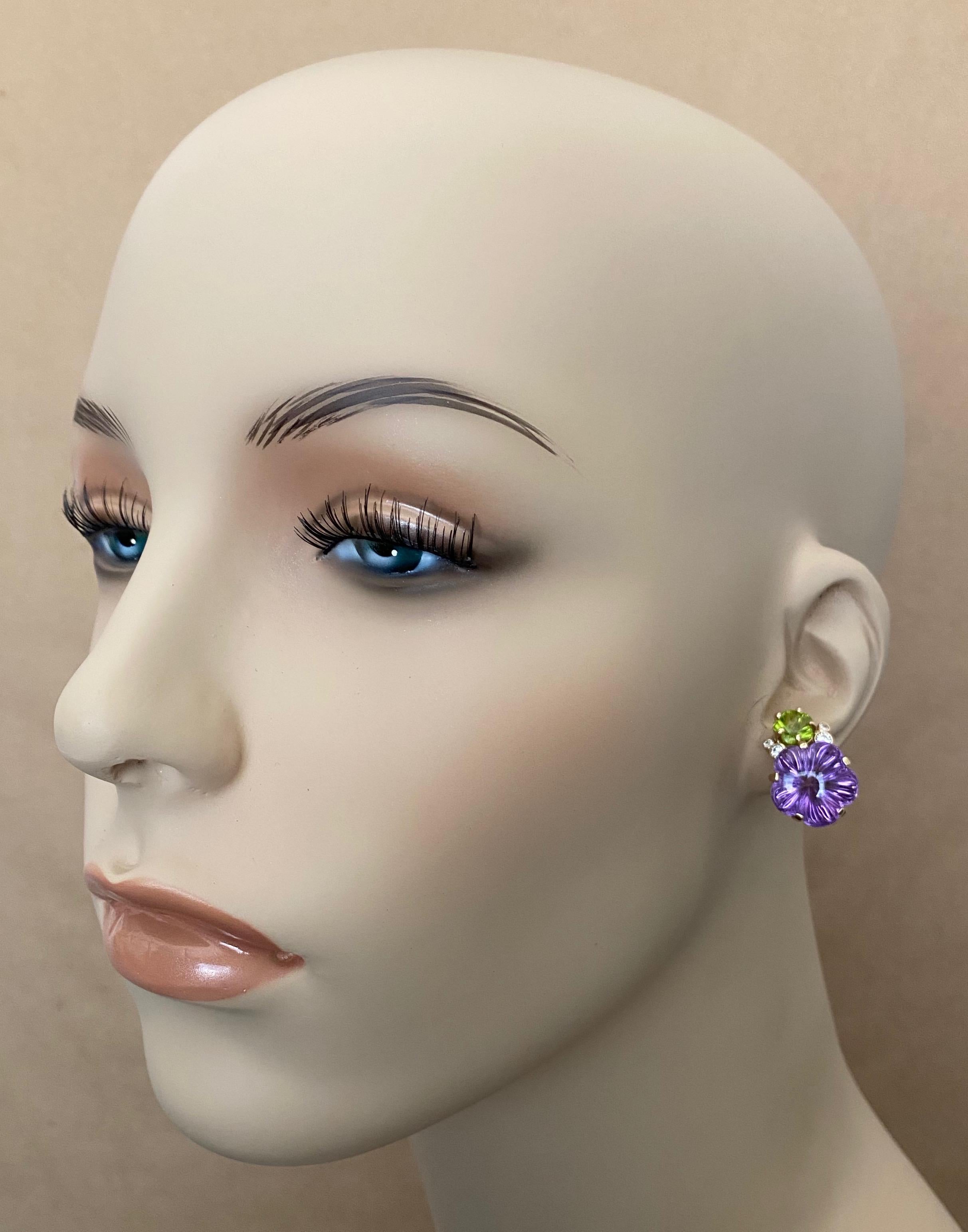 Women's Michael Kneebone Amethyst Peridot Diamond Carved Flower Button Earrings