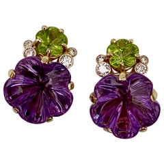 Michael Kneebone Amethyst Peridot Diamond Carved Flower Button Earrings