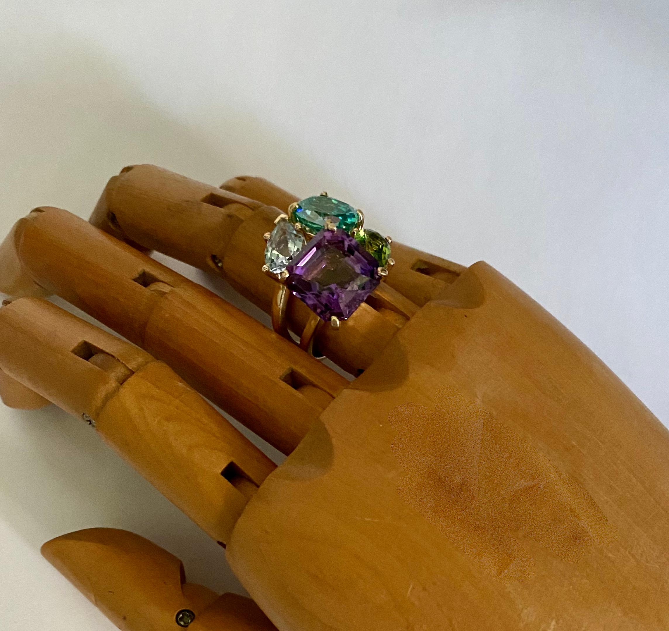 Mixed Cut Michael Kneebone Amethyst Zircon Aquamarine Peridot Cluster Cocktail Ring For Sale