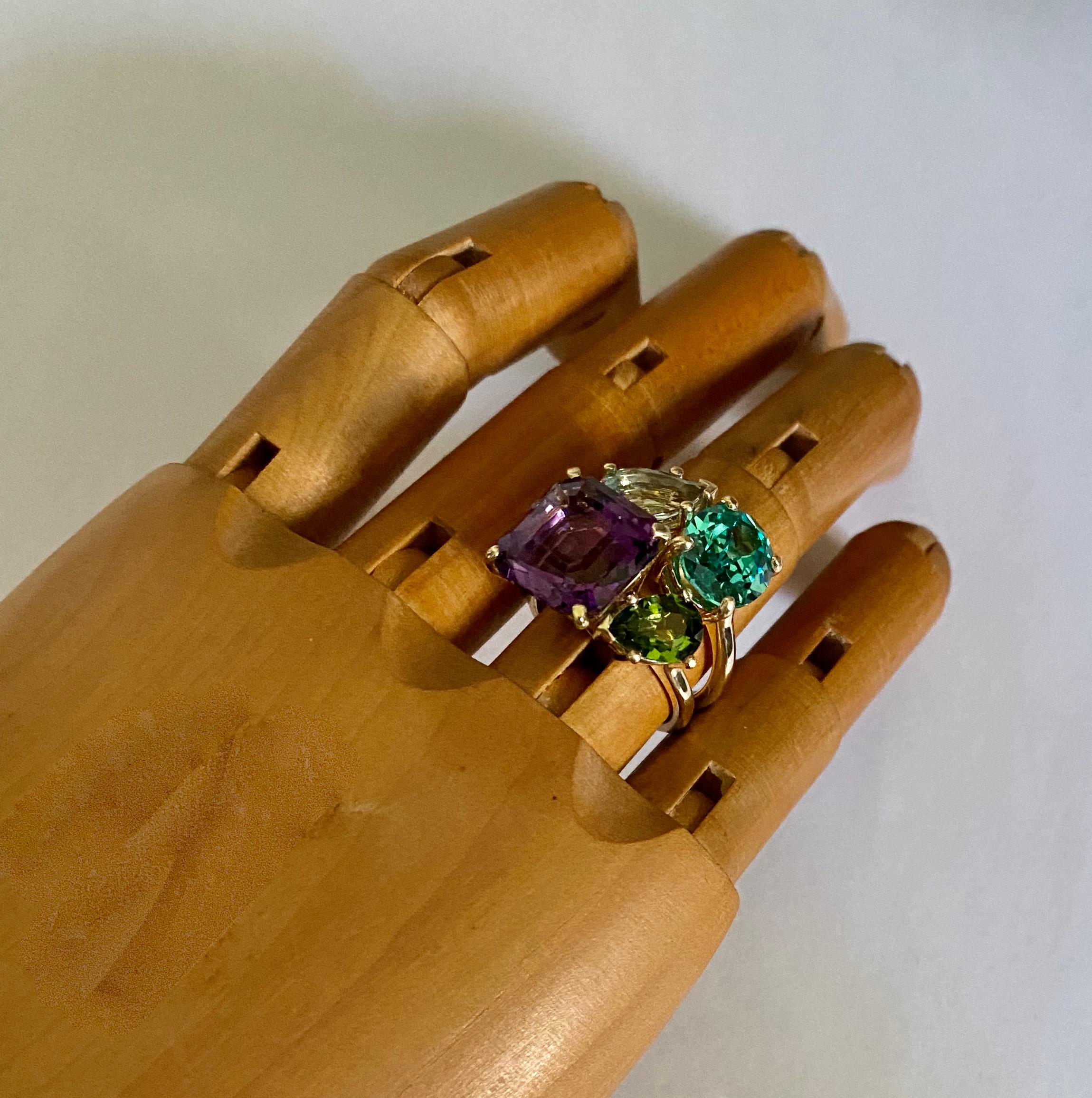 Women's Michael Kneebone Amethyst Zircon Aquamarine Peridot Cluster Cocktail Ring For Sale